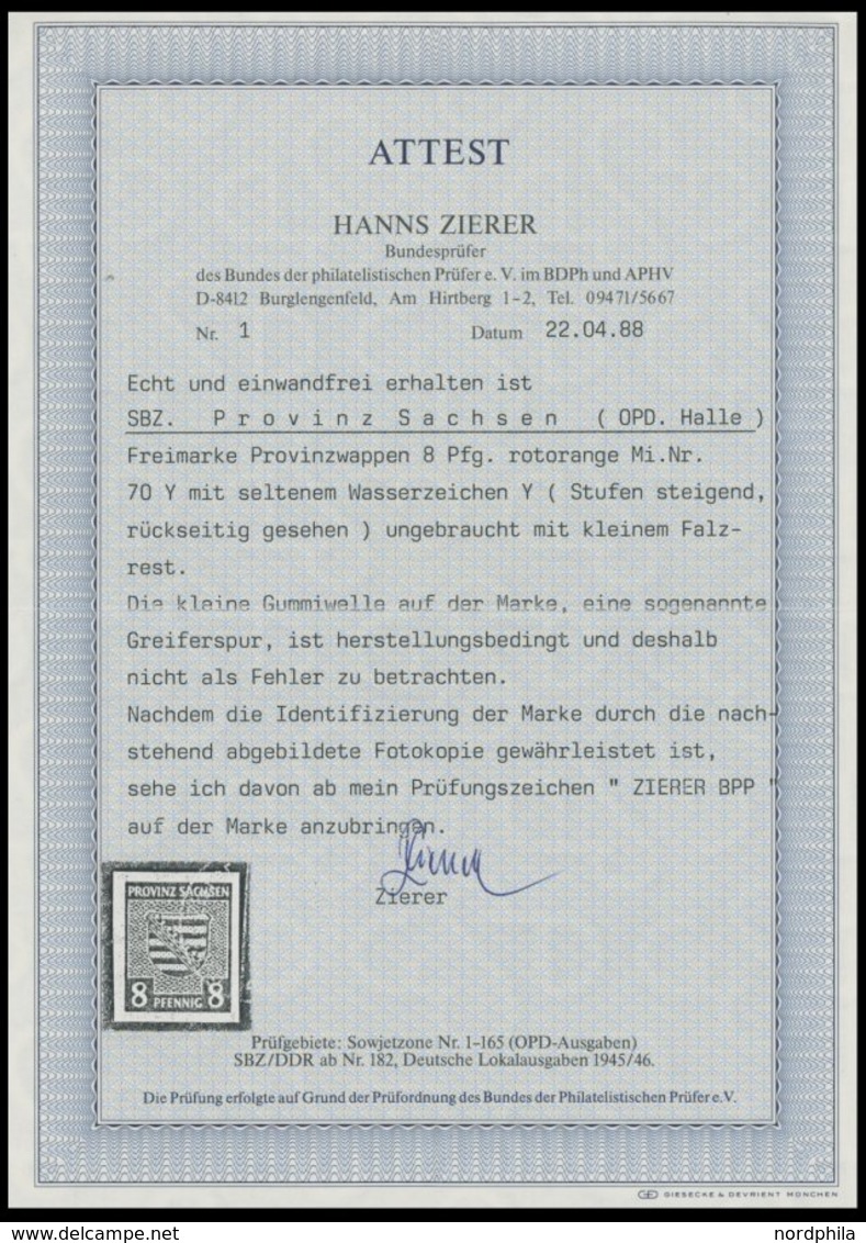 PROVINZ SACHSEN 70Y *, 1945, 8 Pf. Gelblichrot, Wz. 1Y, Falzreste, Pracht, Fotoatteste Zierer Und Dr. Jasch, Mi. 2500.- - Sonstige & Ohne Zuordnung