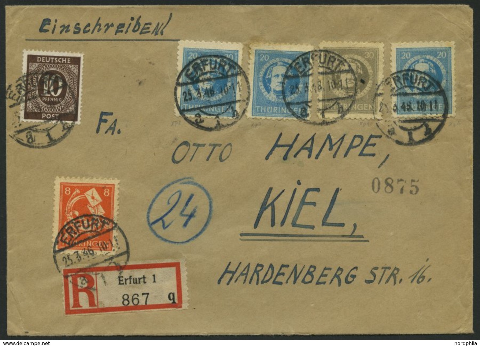 THÜRINGEN 98AXp2 BRIEF, 1945, 20 Pf. Preußischblau, Gezähnt, Vollgummierung, Dickes Papier, Fallende Papierstreifung, 3x - Autres & Non Classés