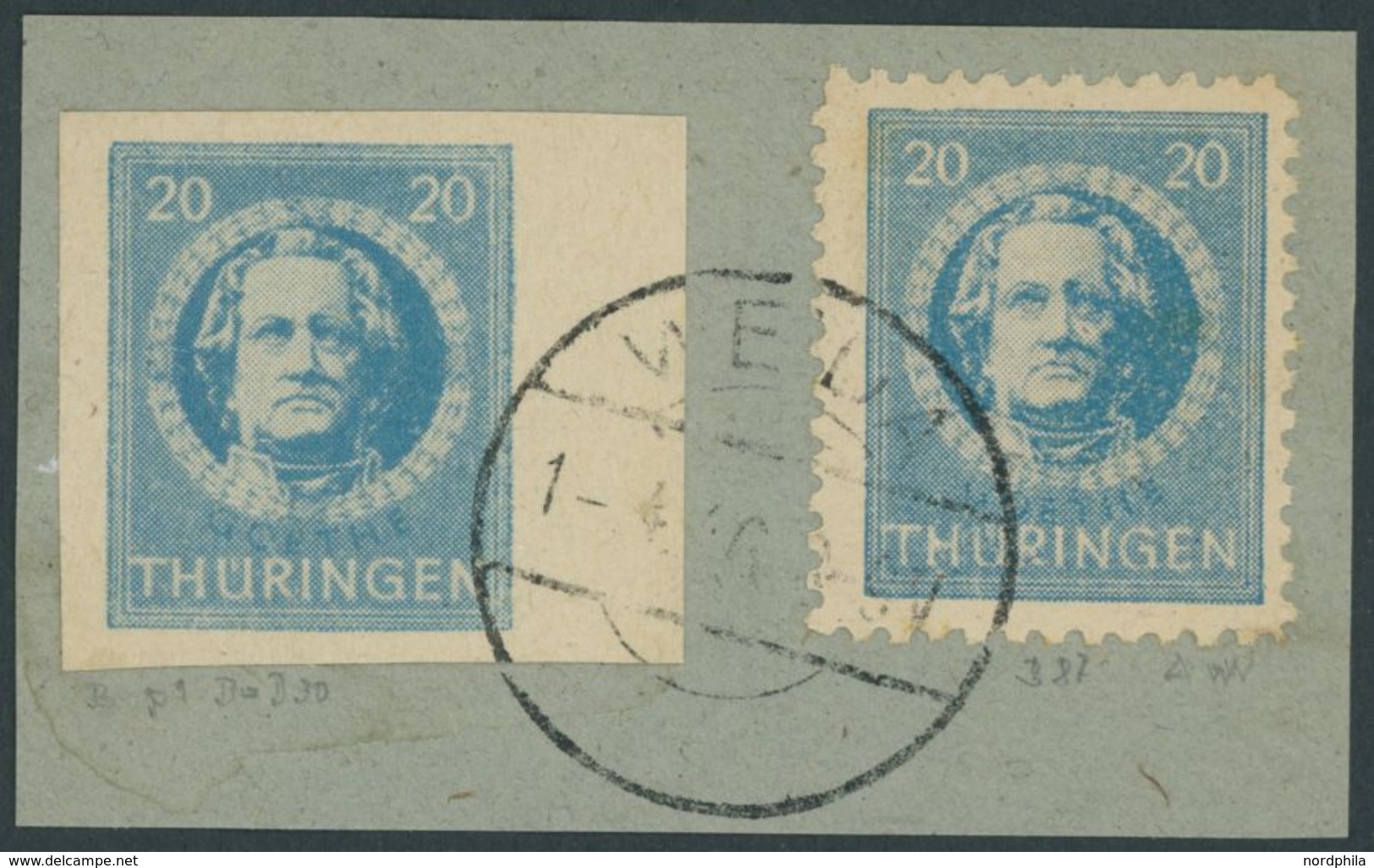 THÜRINGEN 98BXp1 BrfStk, 1945, 20 Pf. Preußischblau, Ungezähnt, Vollgummierung, Dickes Papier, Steigende Papierstreifung - Other & Unclassified