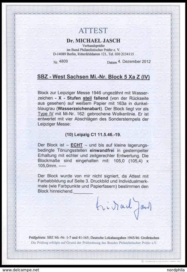 WEST-SACHSEN Bl. 5XZa O, 1946, Block Leipziger Messe, Wz. Stufen Steil Fallend, Type IV, Unbedeutende Kleine Getönte Ste - Sonstige & Ohne Zuordnung