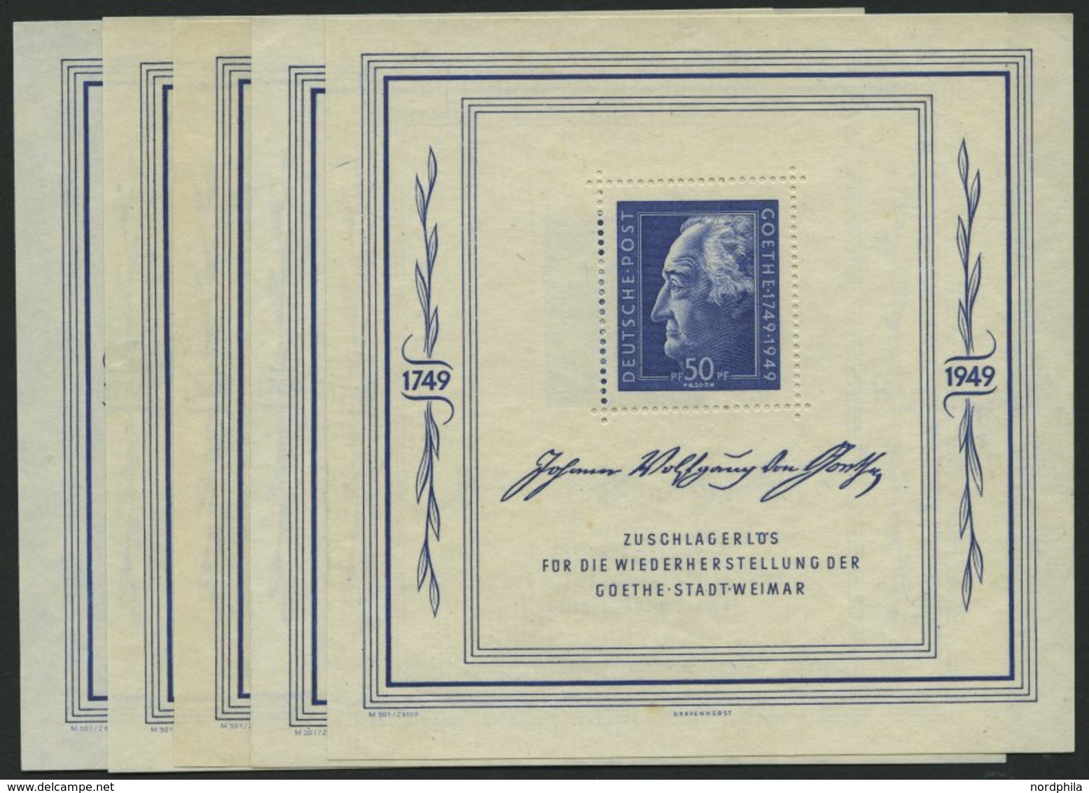 ALLGEMEINE-AUSGABEN Bl. 6 **, 1949, Block Goethe, 5x, Pracht, Mi. 1100.- - Sonstige & Ohne Zuordnung