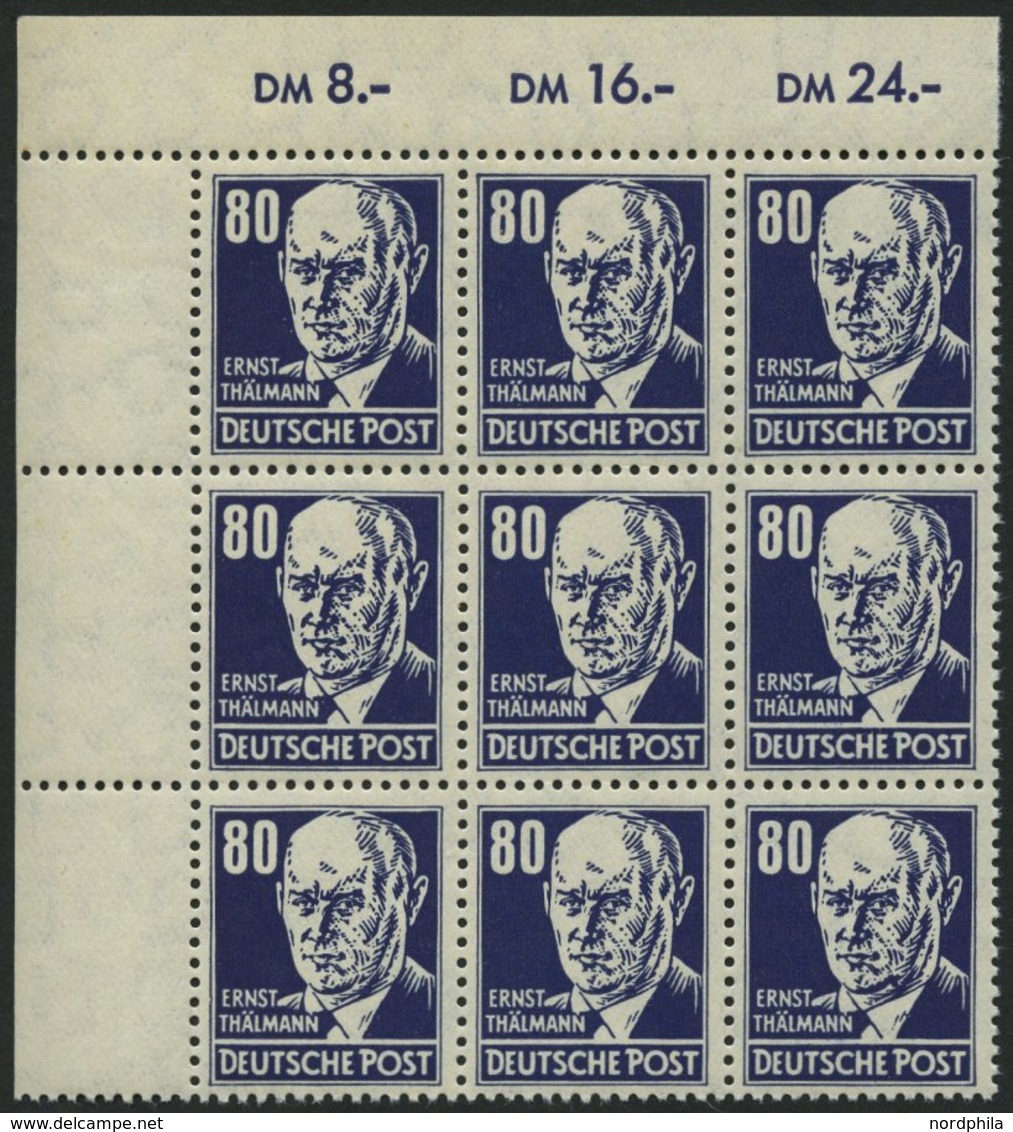 DDR 339PFIII **, 1952, 80 Pf. Thälmann Mit Plattenfehler Fleck Am Kinn Und Strich Am Kragen (Feld 23) Im Neunerblock Aus - Usados