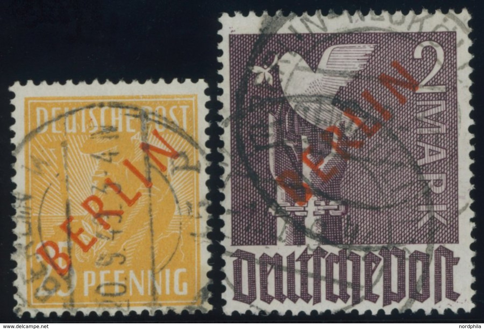 BERLIN 27,34 O, 1949, 25 Pf. Und 2 M. Rotaufdruck, Normale Zähnung, 2 Prachtwerte, Gepr. Schlegel, Mi. 335.- - Other & Unclassified