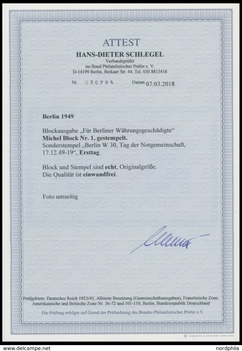 AMERIK. U. BRITISCHE ZONE Bl. 1a O, 1949, Block Exportmesse, Ersttags-Sonderstempel, Pracht, Fotoattest H.D. Schlegel, M - Sonstige & Ohne Zuordnung