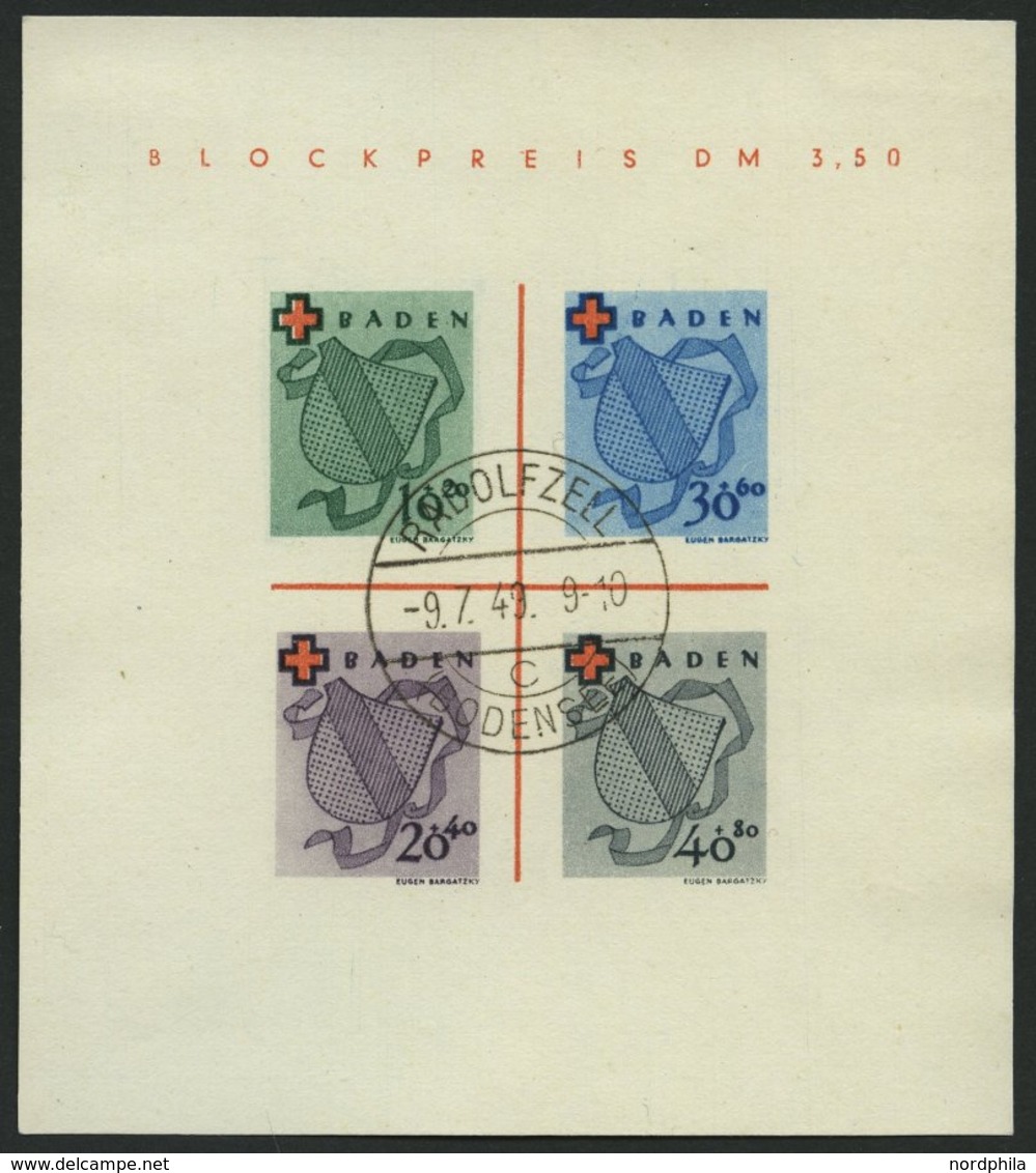 BADEN Bl. 2II/IV O, 1949, Block Rotes Kreuz, Type IV, Stempel RADOLFZELL, Pracht, Fotoattest H.D. Schlegel, Mi. 1800.- - Otros & Sin Clasificación