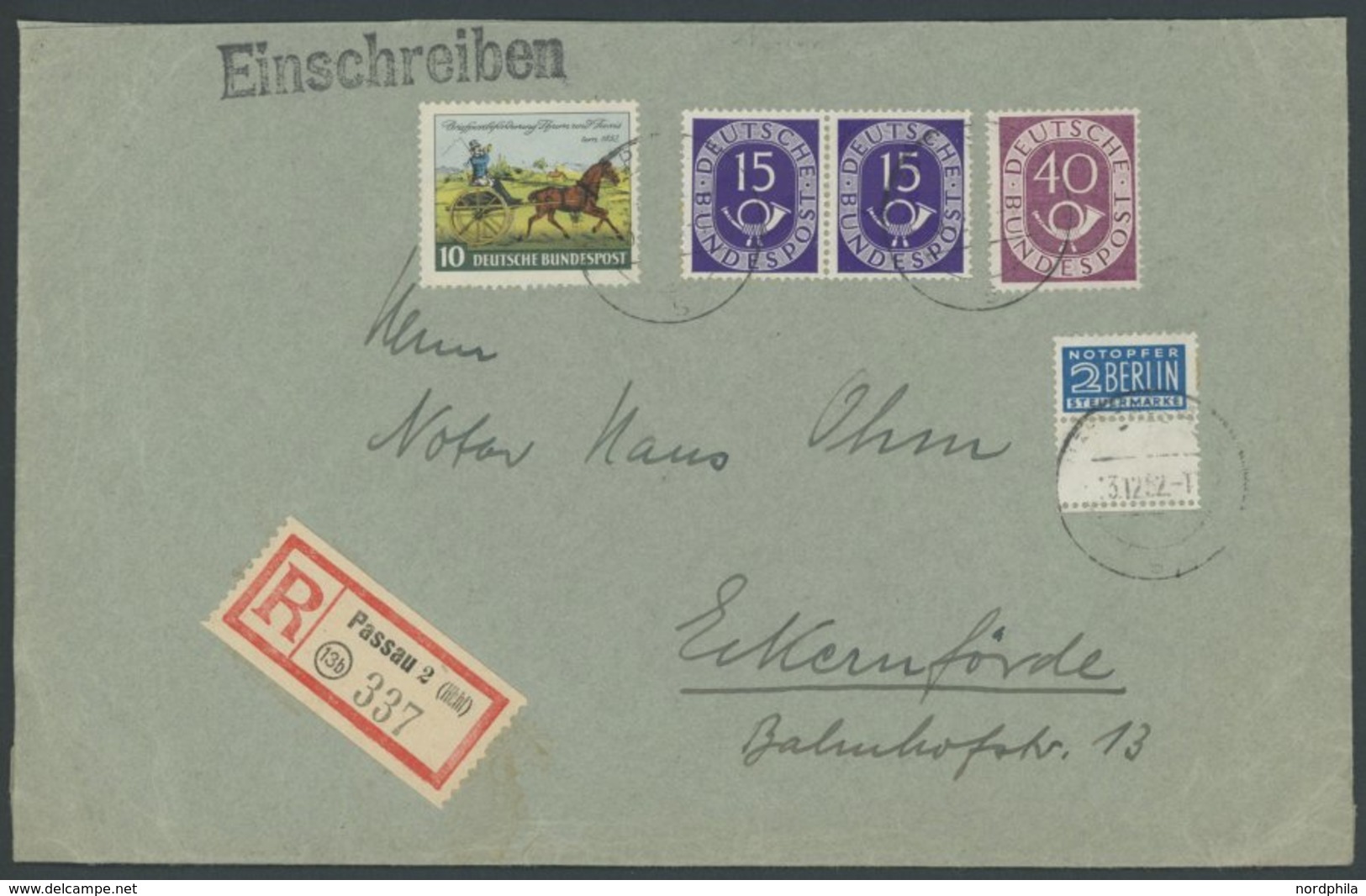 BUNDESREPUBLIK 129 Paar BrfStk, 1952, 15 Pf. Posthorn Im Waagerechten Paar Mit Zusatzfrankatur Auf Bedarfs-Einschreibbri - Other & Unclassified