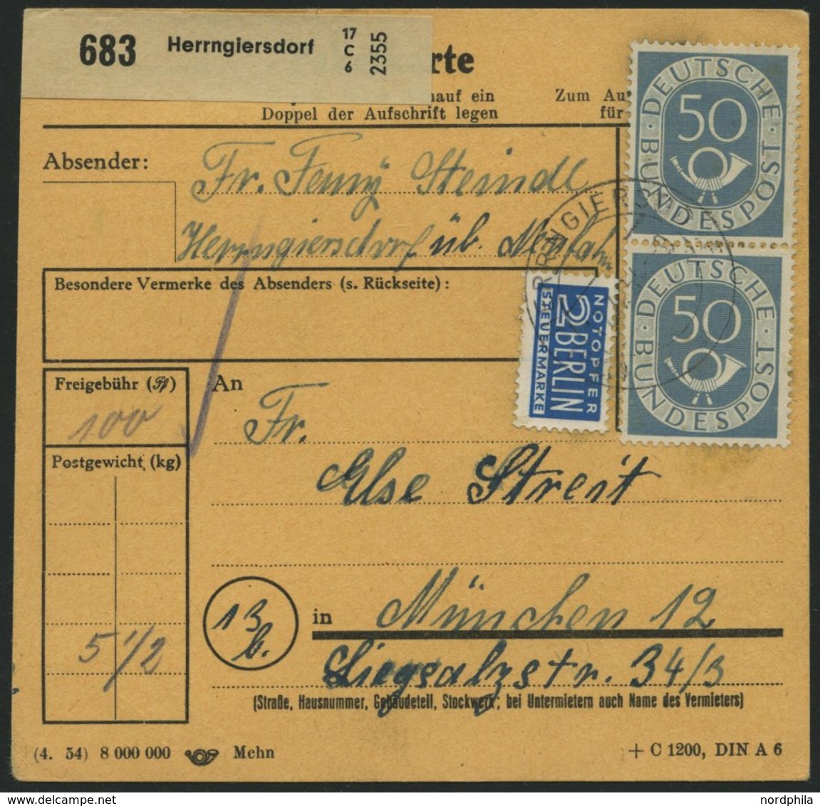 BUNDESREPUBLIK 134 Paar BRIEF, 1954, 50 Pf. Posthorn Im Senkrechten Paar Als Mehrfachfrankatur Auf Paketkarte Aus HERRNG - Other & Unclassified