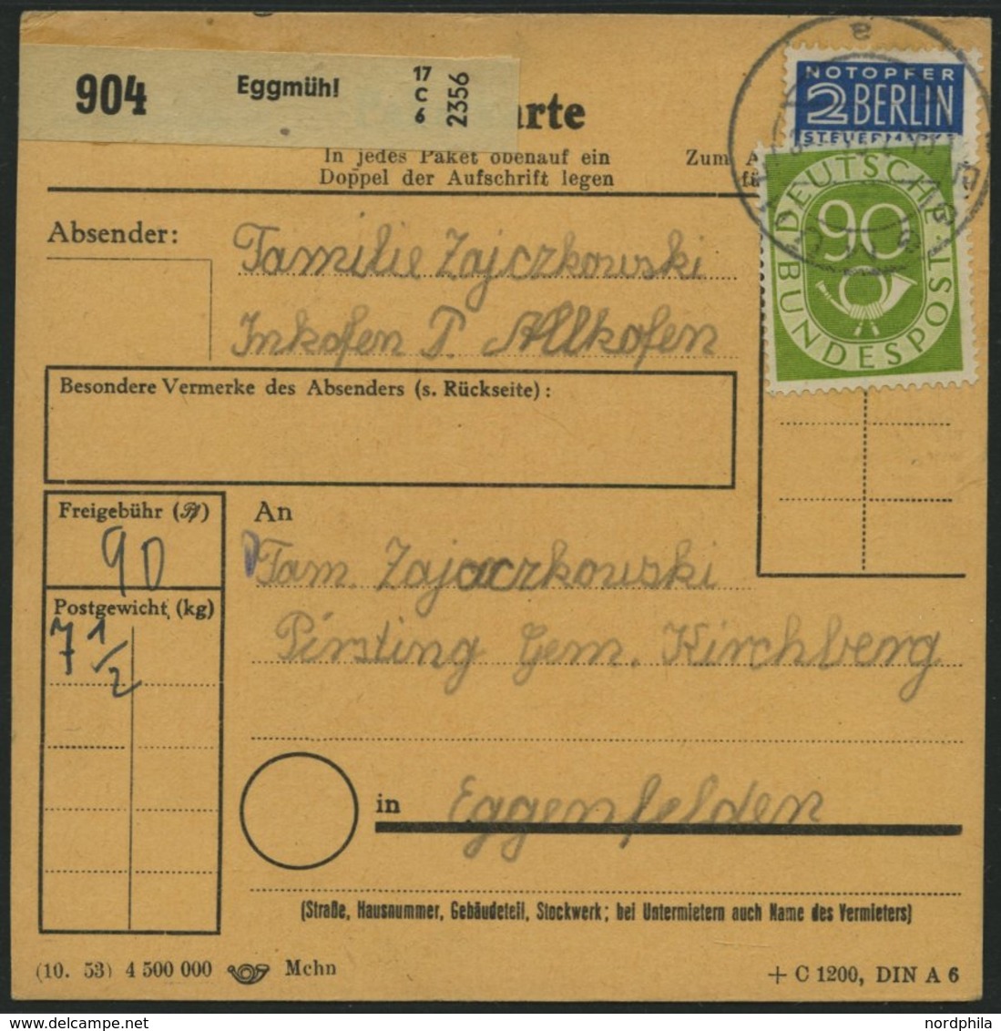 BUNDESREPUBLIK 138 BRIEF, 1953, 90 Pf. Posthorn, Einzelfrankatur Auf Paketkarte Aus EGGMÜHL, Pracht - Sonstige & Ohne Zuordnung
