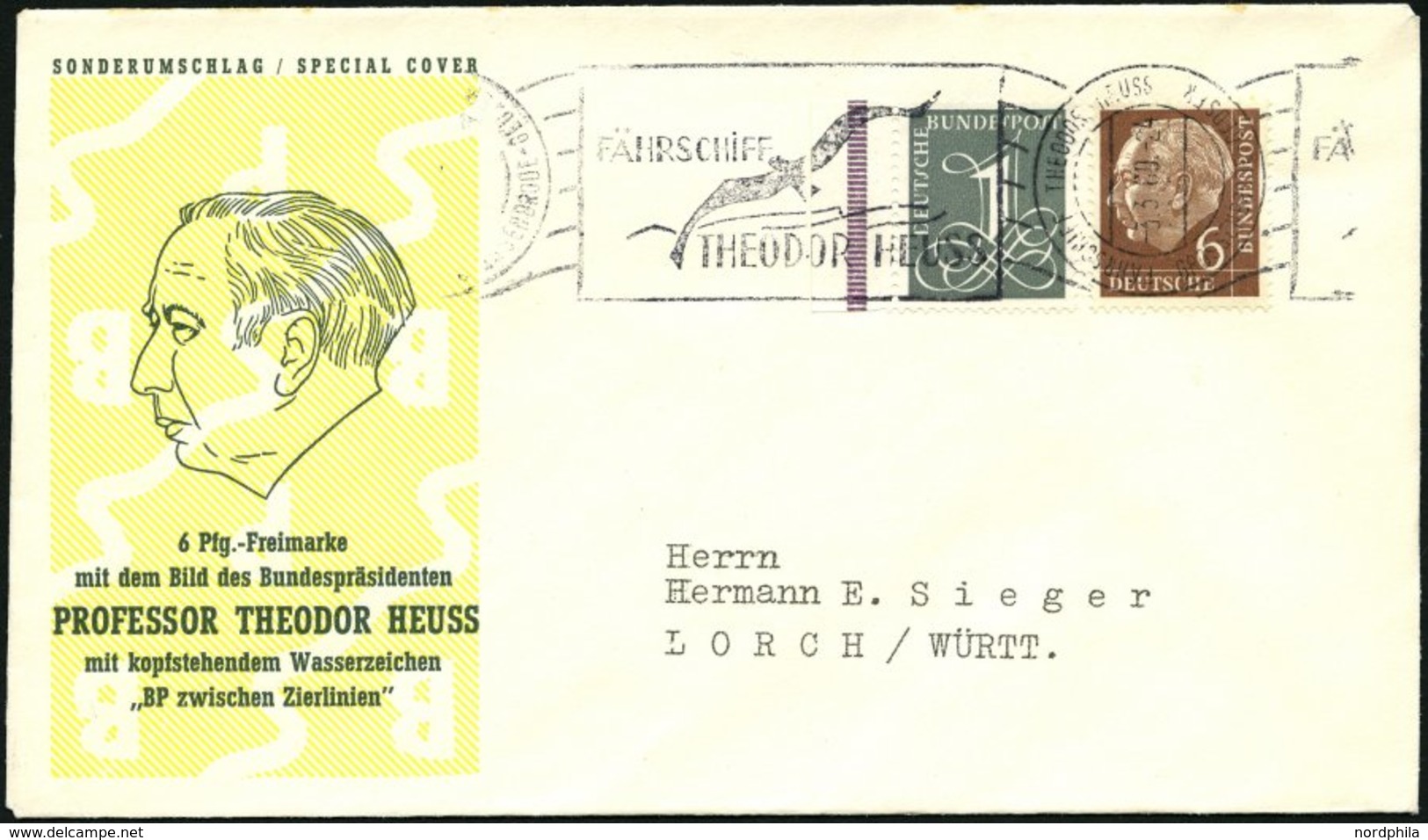 BUNDESREPUBLIK 180xZ BRIEF, 1960, 6 Pf. Heuss, Wz. 4Z, Mit 1 Pf. Zusatzfrankatur Auf Prachtbrief - Otros & Sin Clasificación