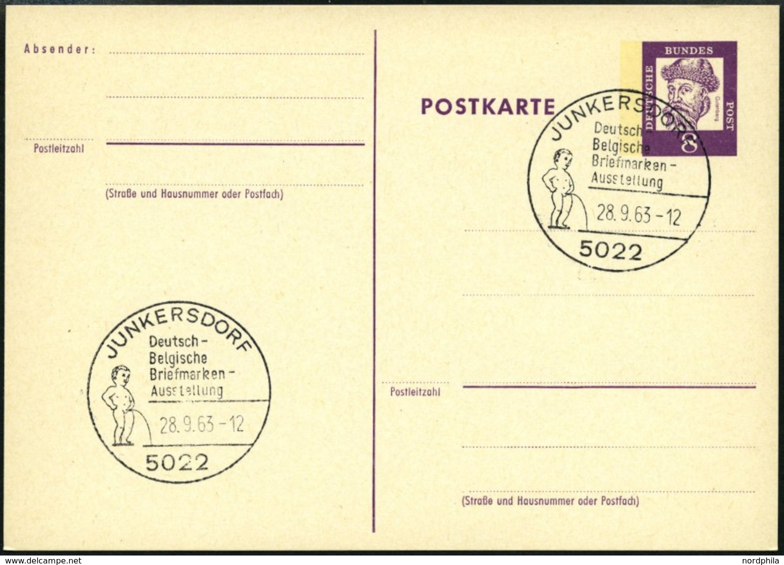 GANZSACHEN P 73 BRIEF, 1962, 8 Pf. Gutenberg, Postkarte In Grotesk-Schrift, Leer Gestempelt Mit Sonderstempel JUNKERSDOR - Colecciones