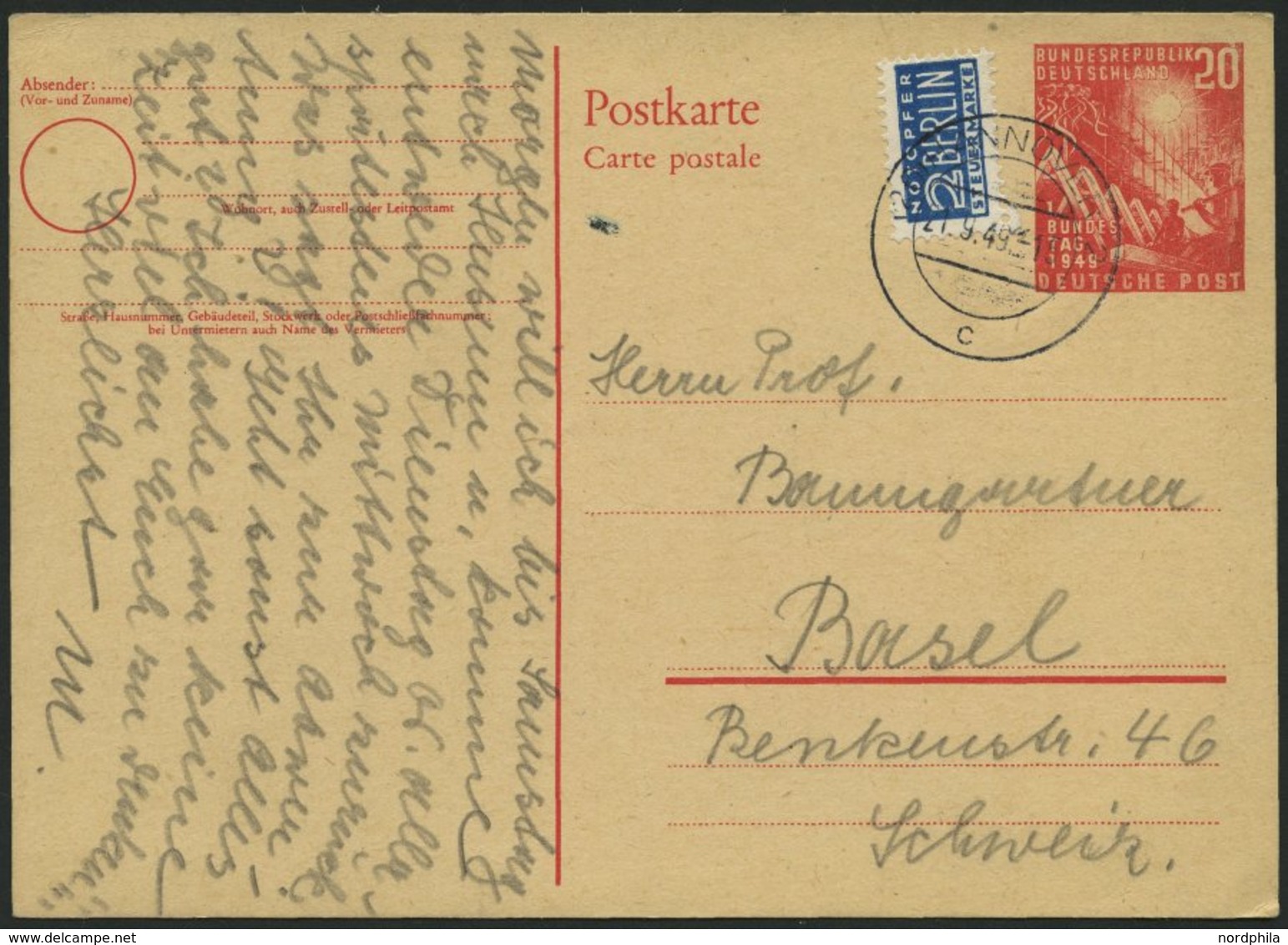 GANZSACHEN PSo 2 BRIEF, 1949, 20 Pf. Bundestag, Bedarfskarte In Die Schweiz, Pracht, Mi. 150.- - Sammlungen