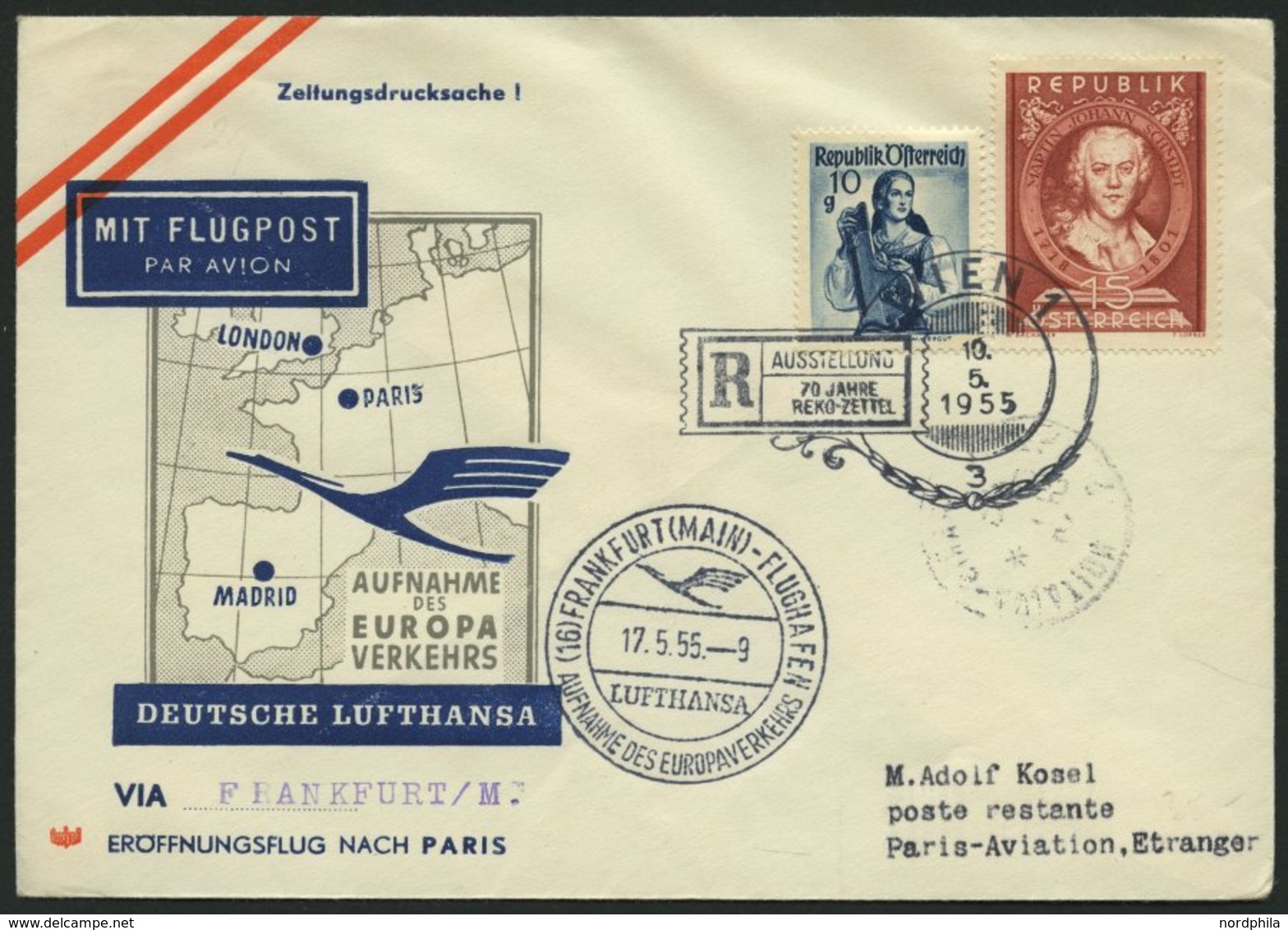 DEUTSCHE LUFTHANSA 32 BRIEF, 17.5.1955, Frankfurt-Paris, Brief Ab Wien Mit österreichischer Frankatur, Pracht - Usados