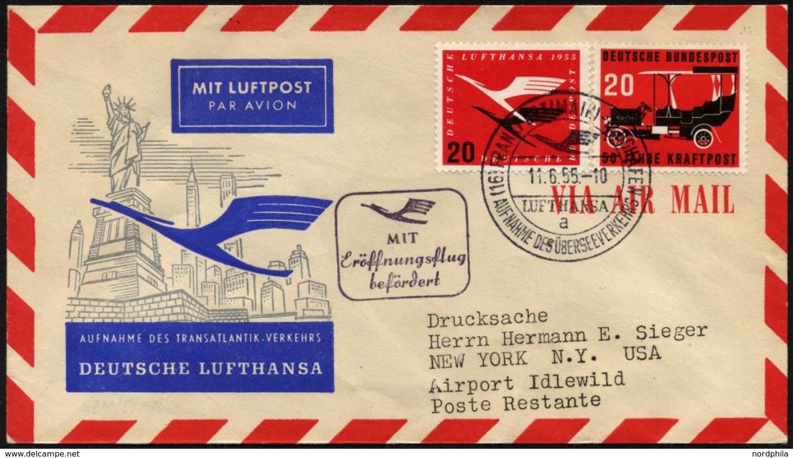 DEUTSCHE LUFTHANSA 41 BRIEF, 11.6.1955, Frankfurt-New York, Prachtbrief - Used Stamps