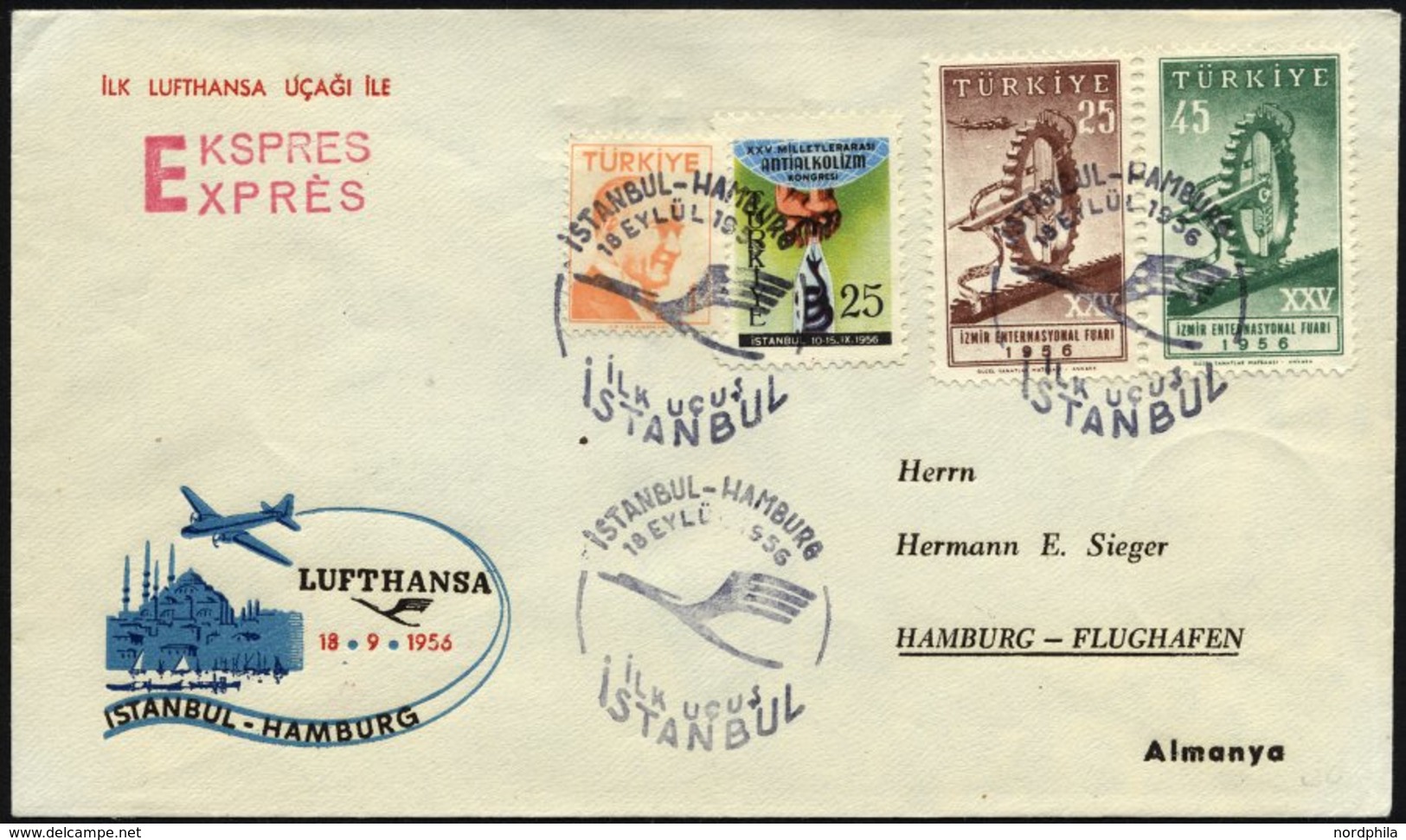DEUTSCHE LUFTHANSA 102 BRIEF, 12.9.1956, Istanbul-Hamburg, Prachtbrief - Used Stamps