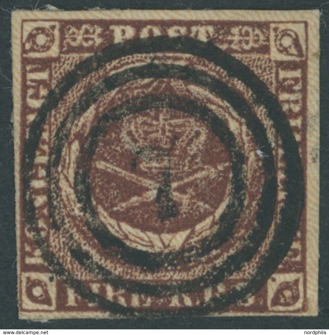 DÄNEMARK 1IIa O, 1852, 4 RBS Rotbraun Mit Idealem Zentrischen Nummernstempel 7 (ASSENS), Pracht - Sonstige & Ohne Zuordnung