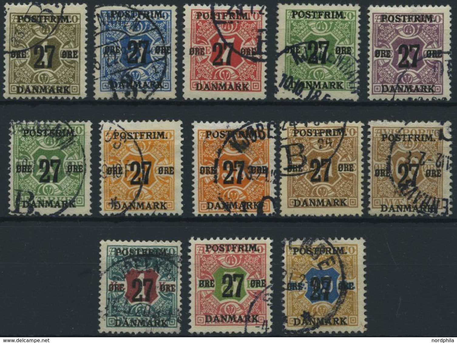 DÄNEMARK 84-96 O, 1918, 27 Ø Aufdruck, Prachtsatz (13 Werte), Mi. 250.- - Other & Unclassified