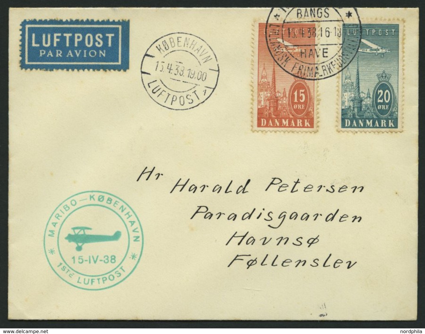 ERSTFLÜGE 15.4.1938, Maribo-Kopenhagen, Prachtbrief - Sonstige & Ohne Zuordnung