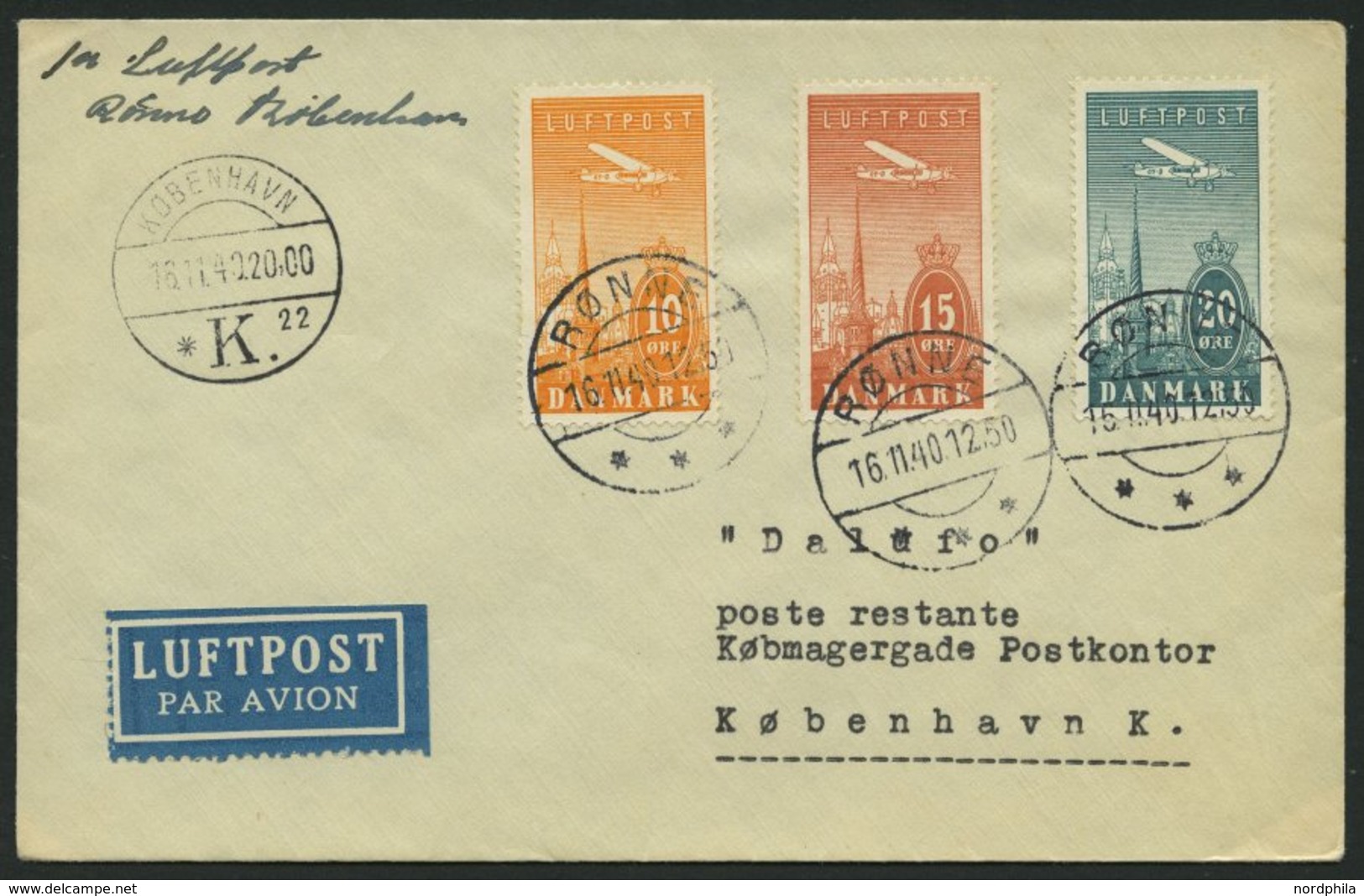 ERSTFLÜGE 16.11.1940, Rönne-Kopenhagen, Prachtbrief - Andere & Zonder Classificatie
