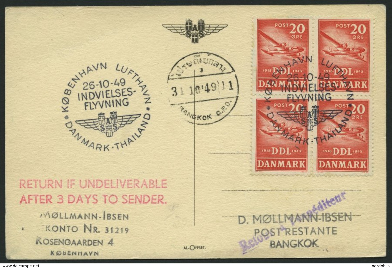 ERSTFLÜGE 26.10.1949, Kopenhagen-Bangkok, Prachtkarte - Otros & Sin Clasificación