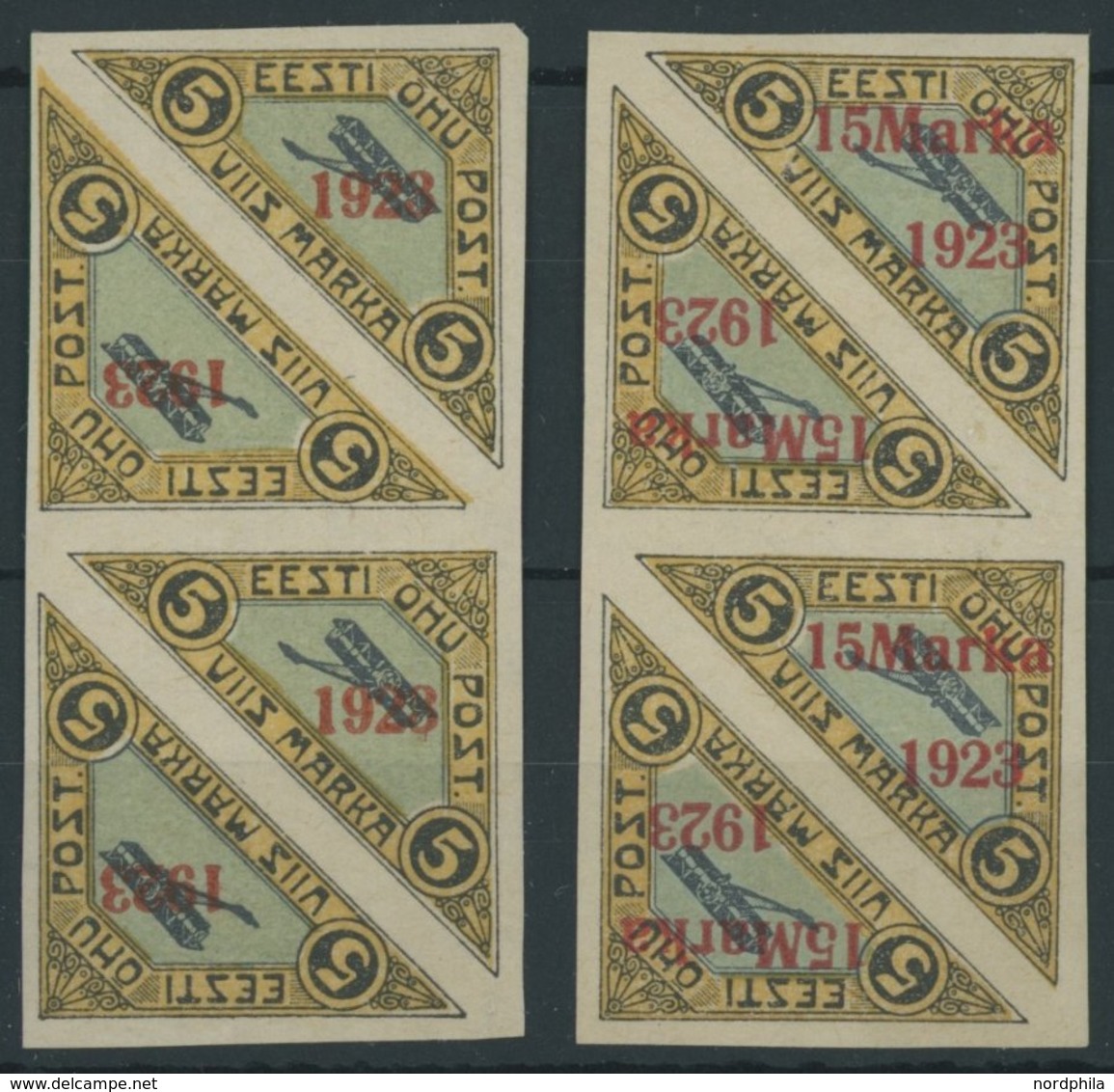 ESTLAND 41/2b **, 1923, Flugpost, Aufdruck Rot, Je Im Viererstreifen, übliche Herstellungsbedingte Gummierung, Postfrisc - Estland