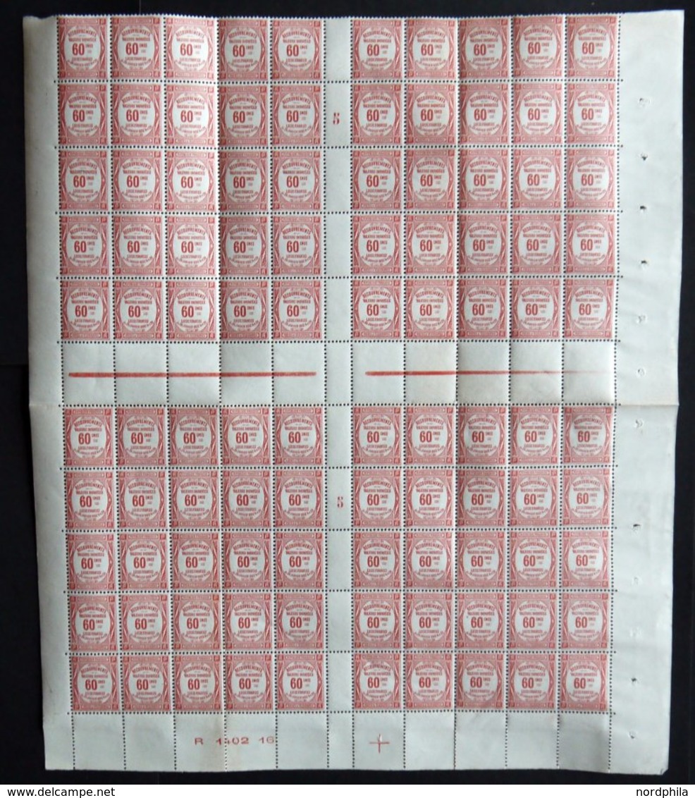 PORTOMARKEN P 45 **, 1925, 60 C. Ziegelrot Im Bogen (100), Ohne Oberrand, Mit Herzstück, Zwischenstegen, Millésimes Und  - Other & Unclassified