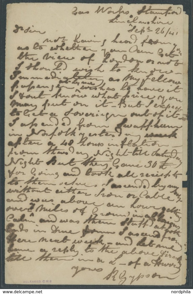 GROSSBRITANNIEN 1841, Handgeschriebener Brief Von R. Gypson (bekannter Englischer Aeronaut) Vor Aufstieg Von Der Gasanst - Otros & Sin Clasificación