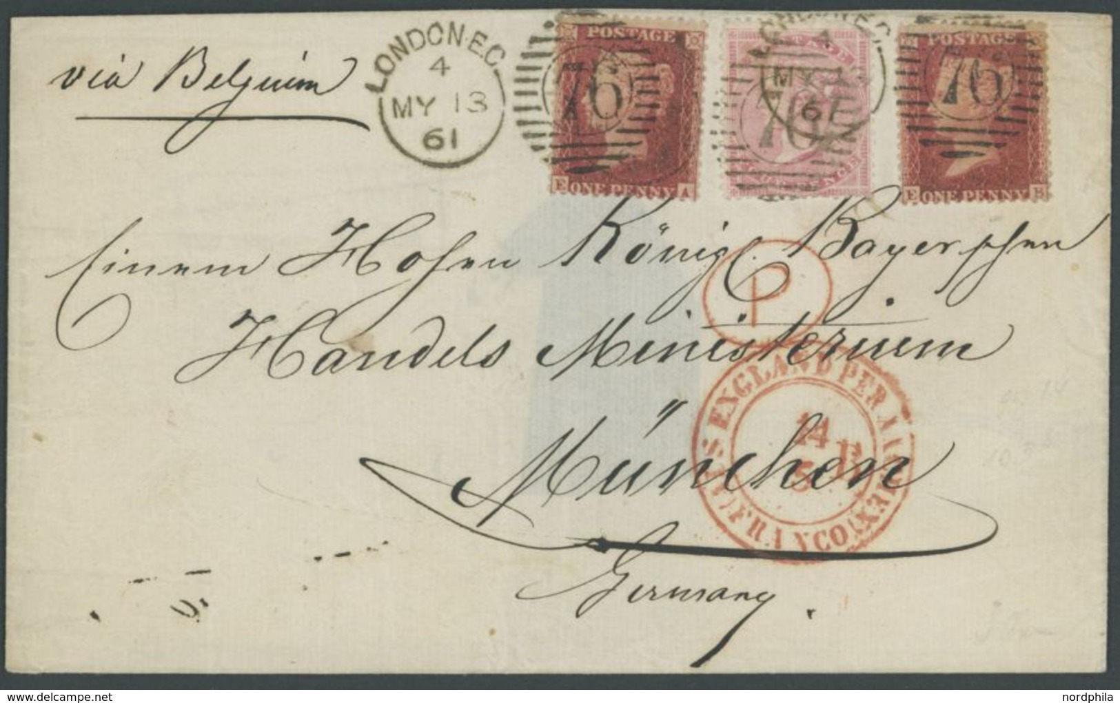 GROSSBRITANNIEN 10B,13Z BRIEF, 1861, 1 P. Rot, 2x Mit 4 P. Karminrot (Zahnfehler) Auf Dekorativer Prachtbriefhülle Von L - Other & Unclassified