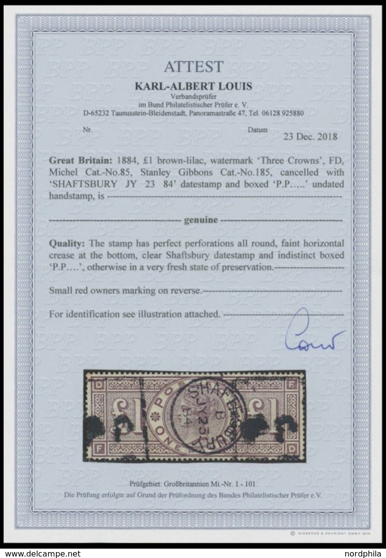 GROSSBRITANNIEN 85 O, 1881, 1 £ Bräunlichlila, Wz. 11, K1 SHAFTESBURY, Pracht, Mi. 1600.- - Andere & Zonder Classificatie