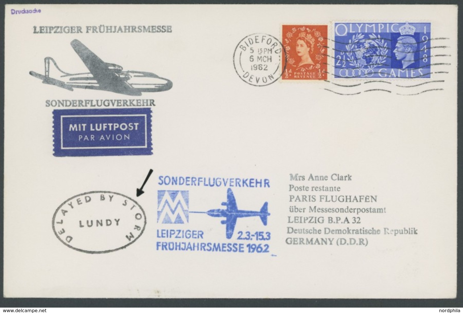 GROSSBRITANNIEN 1962, LUNDY - Bleriot Luftpostmarke Auf Inselbrief Mit Katastrophen-Stempel DELAYED BY STORM, Zuleitung  - Other & Unclassified