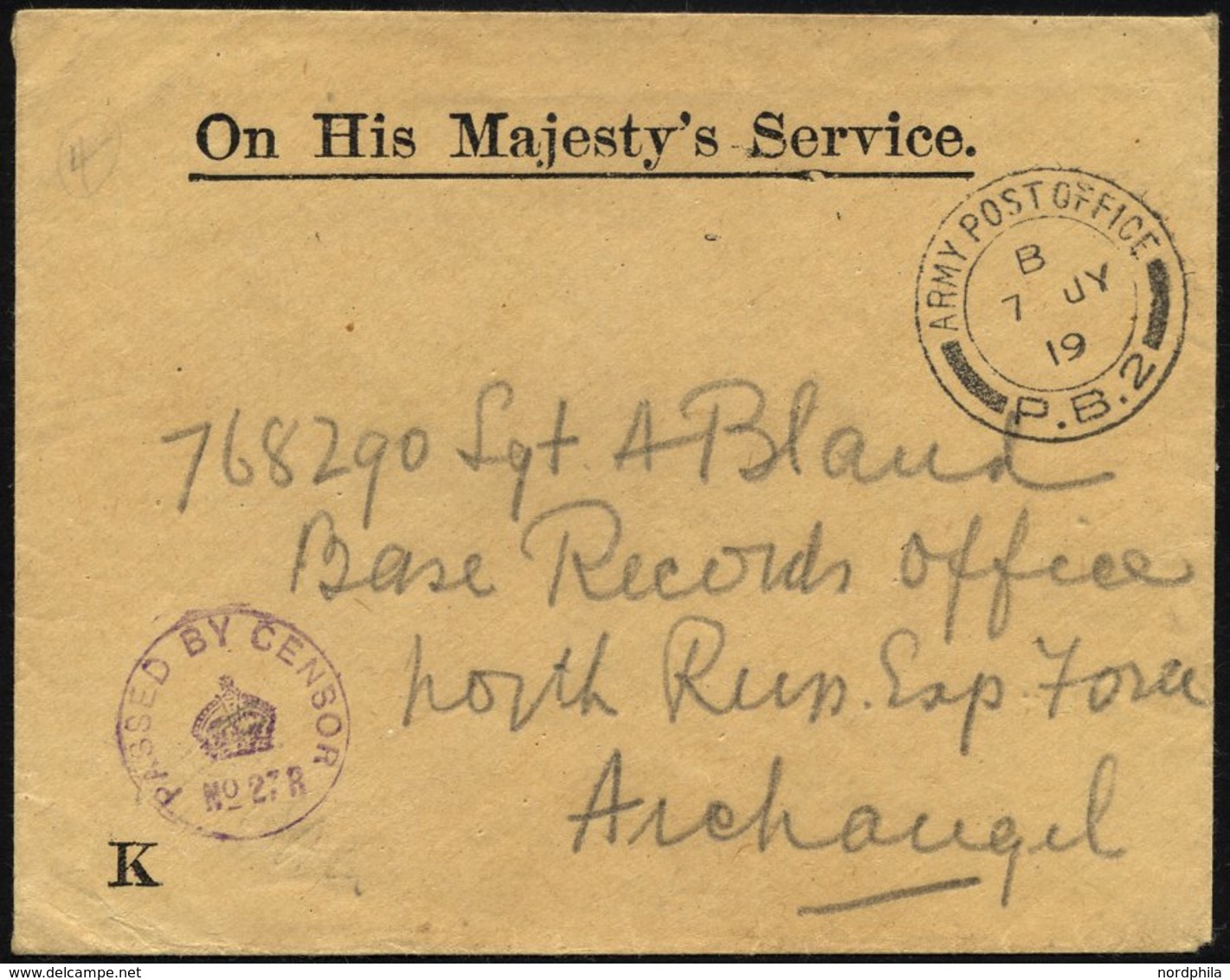 BRITISCHE MILITÄRPOST 1919, K2 ARMY POST OFFICE/P.B. 2 Auf Britischem Armee-Dienstbrief (OHMS) Und Violettem Zensurstemp - Used Stamps