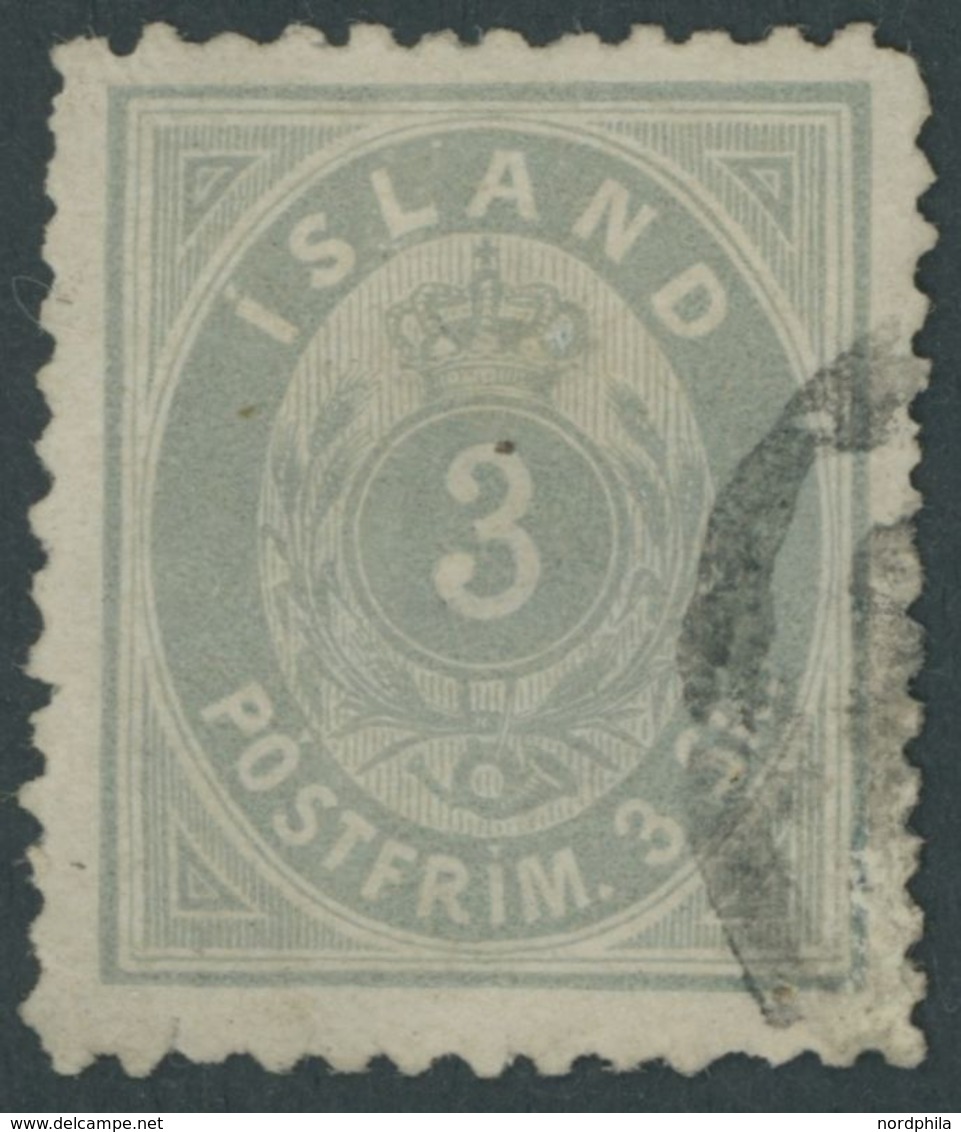 ISLAND 2B O, 1873, 3 Sk. Grau, Gezähnt L 121/2, Unprüfbares Stempelfragment, Fein, Mi. 500.- - Other & Unclassified