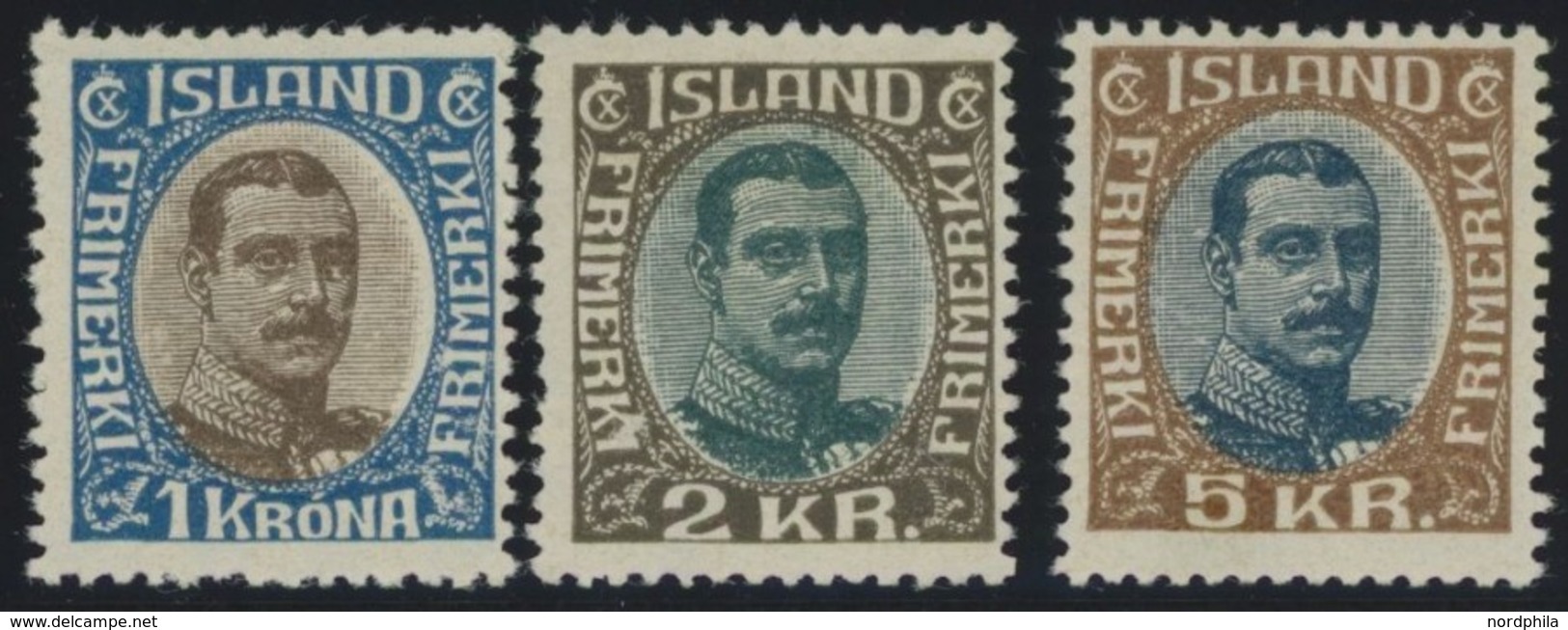 ISLAND 96-98 *, 1920, 1 - 5 Kr. König Christian X, Falzreste, 3 Werte Feinst/Pracht - Other & Unclassified