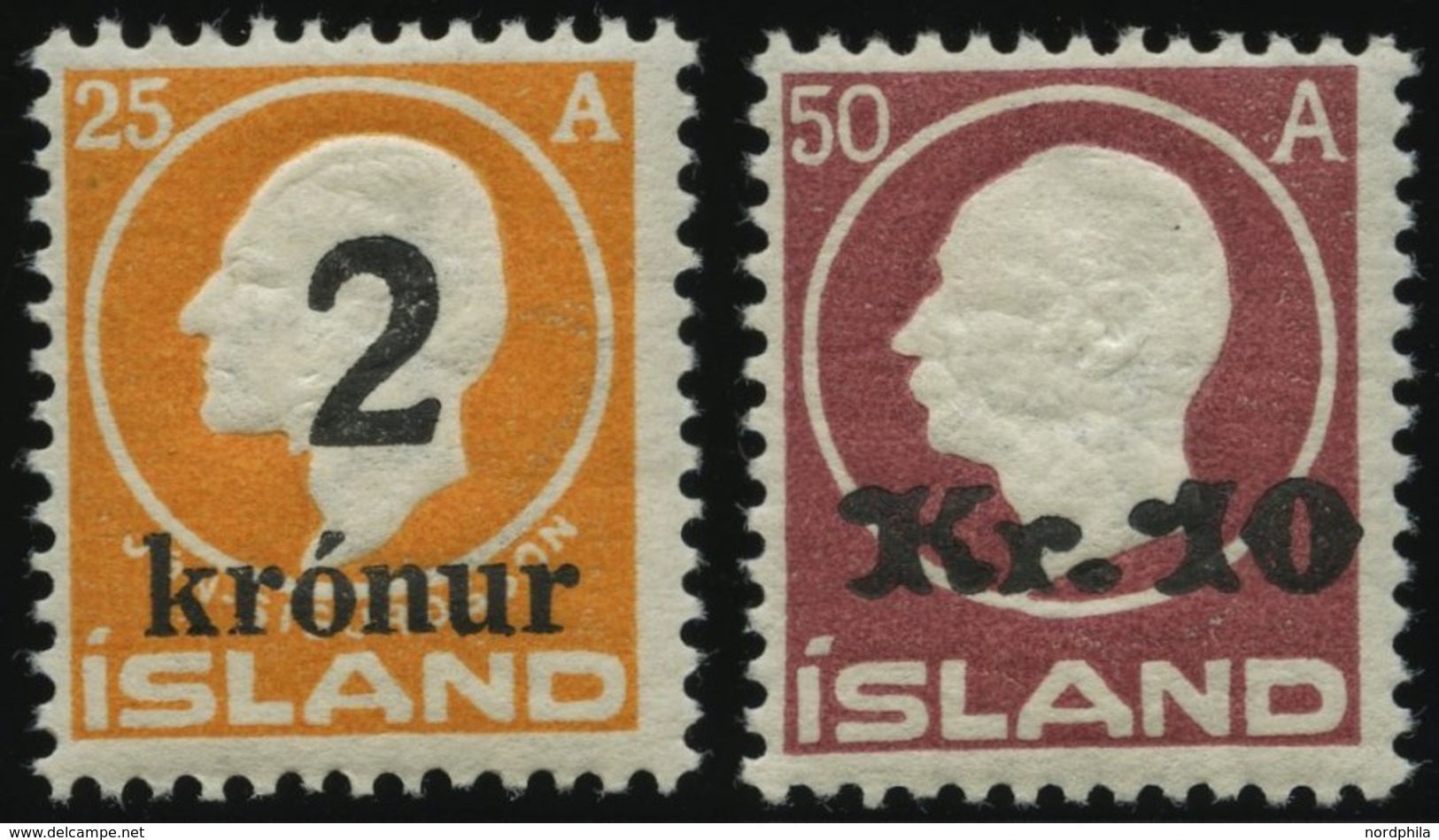 ISLAND 119/20 *, 1925/6, 2 Kr. Auf 25 A. Orange Und 10 Kr. Auf 50 A. Lilarot, Fast Postfrisch, Pracht - Other & Unclassified
