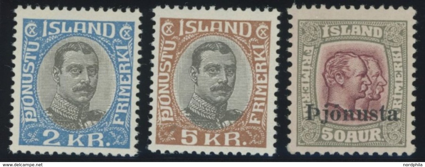 DIENST D 60/1,65 *, 1930/6, 2 Kr., 5 Kr. Und 50 A. König Christian X, Falzreste, 3 Prachtwerte - Oficiales