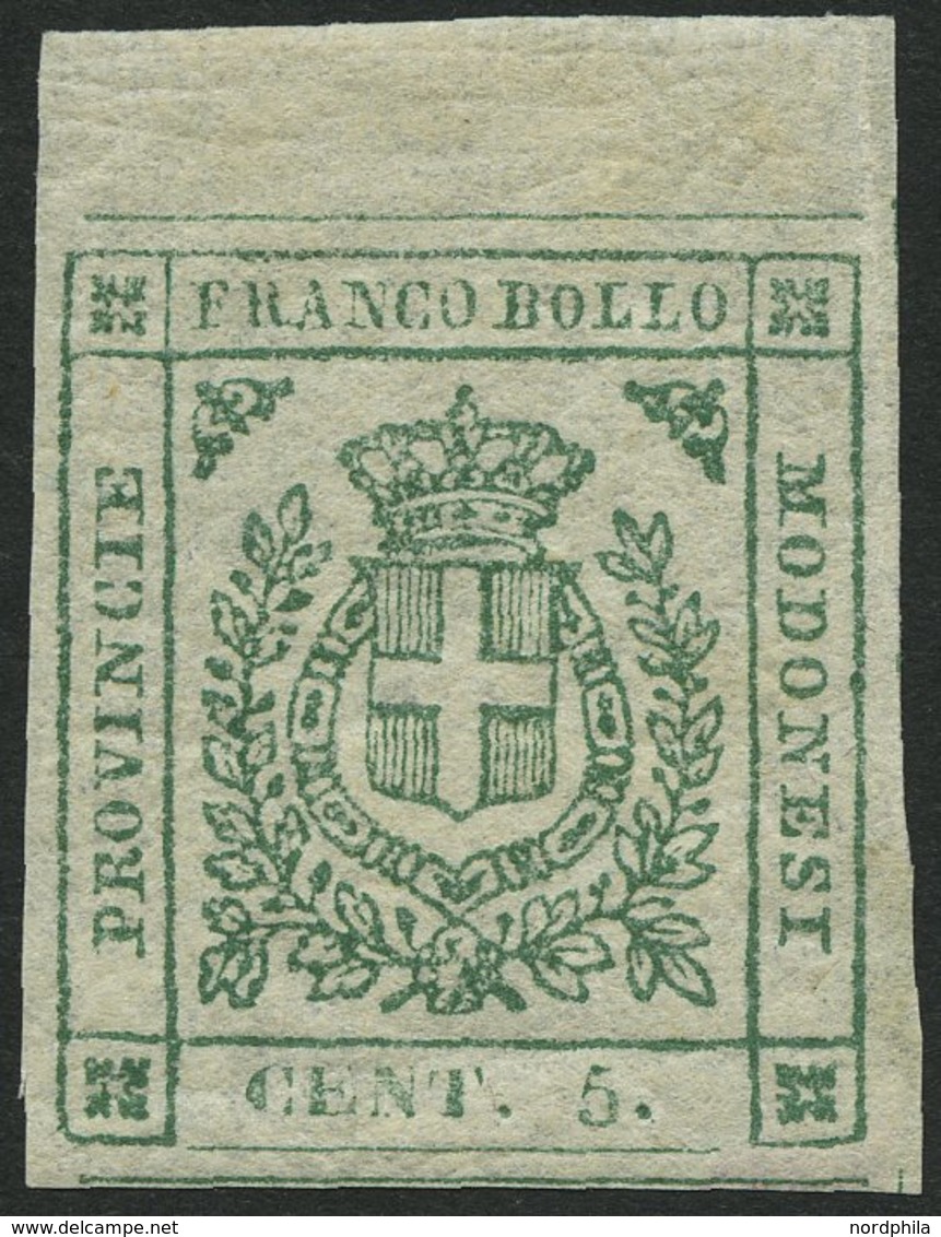 MODENA 7a *, 1859, 5 C. Grün, Oberrandstück, Breitrandig, Falzrest, Pracht, Gepr. Drahn, Mi. 1200.- - Modena