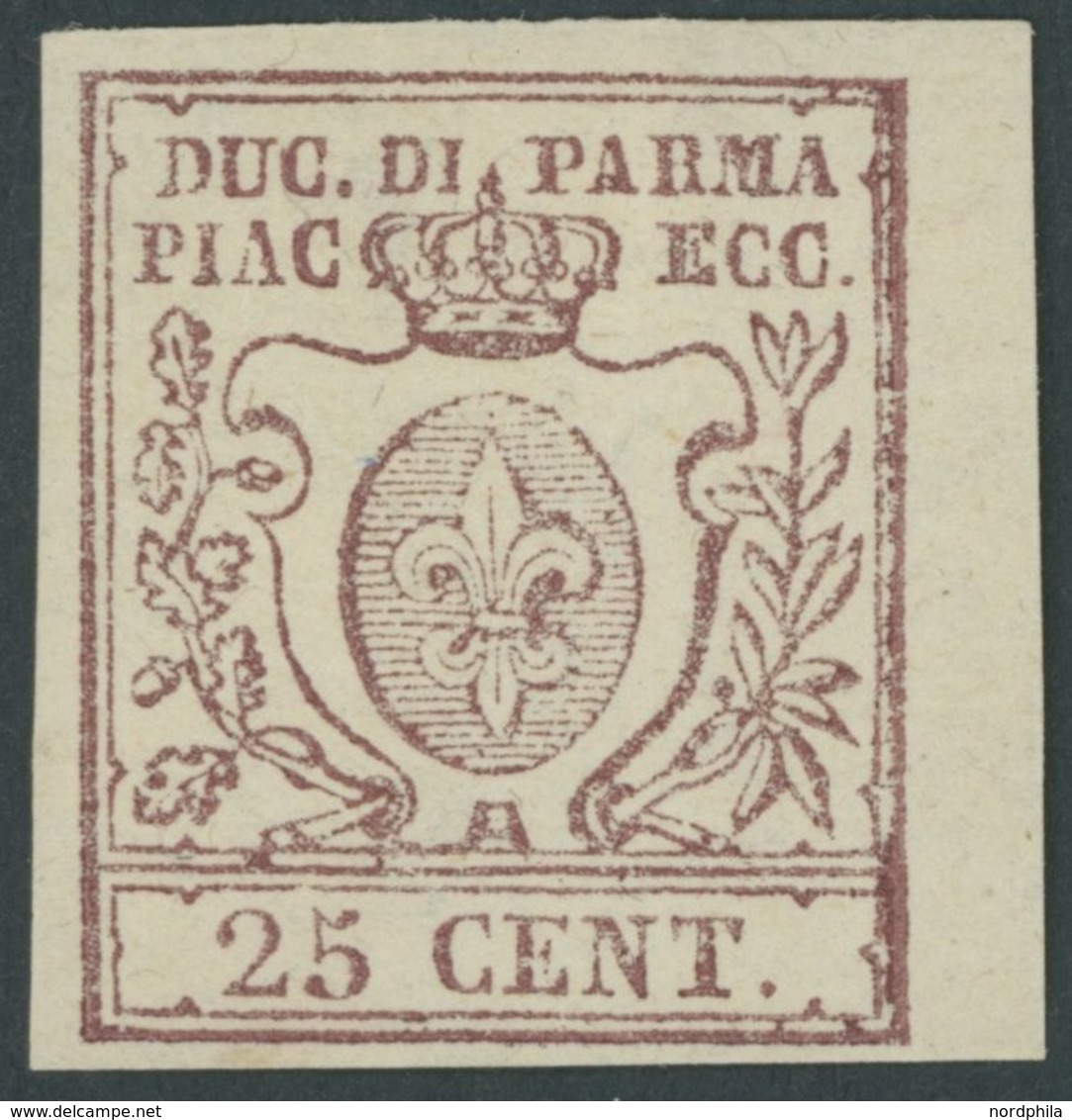 PARMA 10 *, 1857, 25 C. Braun, Rechtes Randstück, Falzrest, Pracht, Gepr. E. Diena, Mi. 400.- - Parma