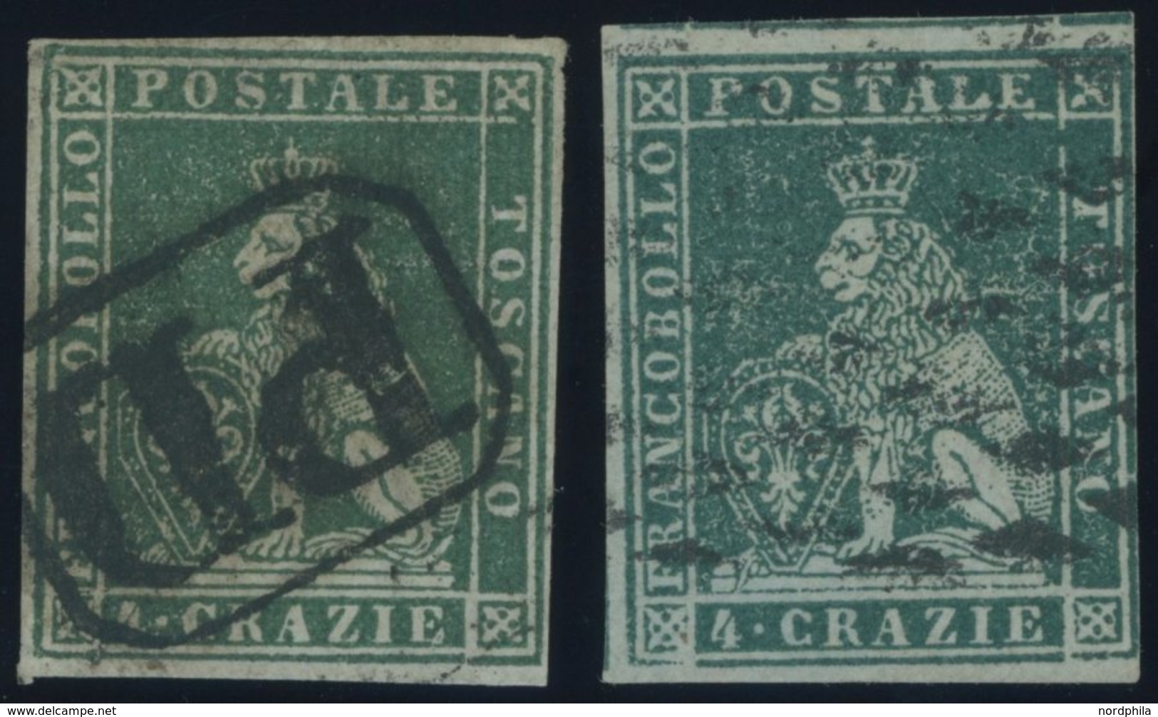 TOSCANA 6ya,b O, 1853, 4 Cr. Grün Und Blaugrün, Graublaues Papier, 2 Vollrandige Prachtwerte, Mi. 200.- - Toscana