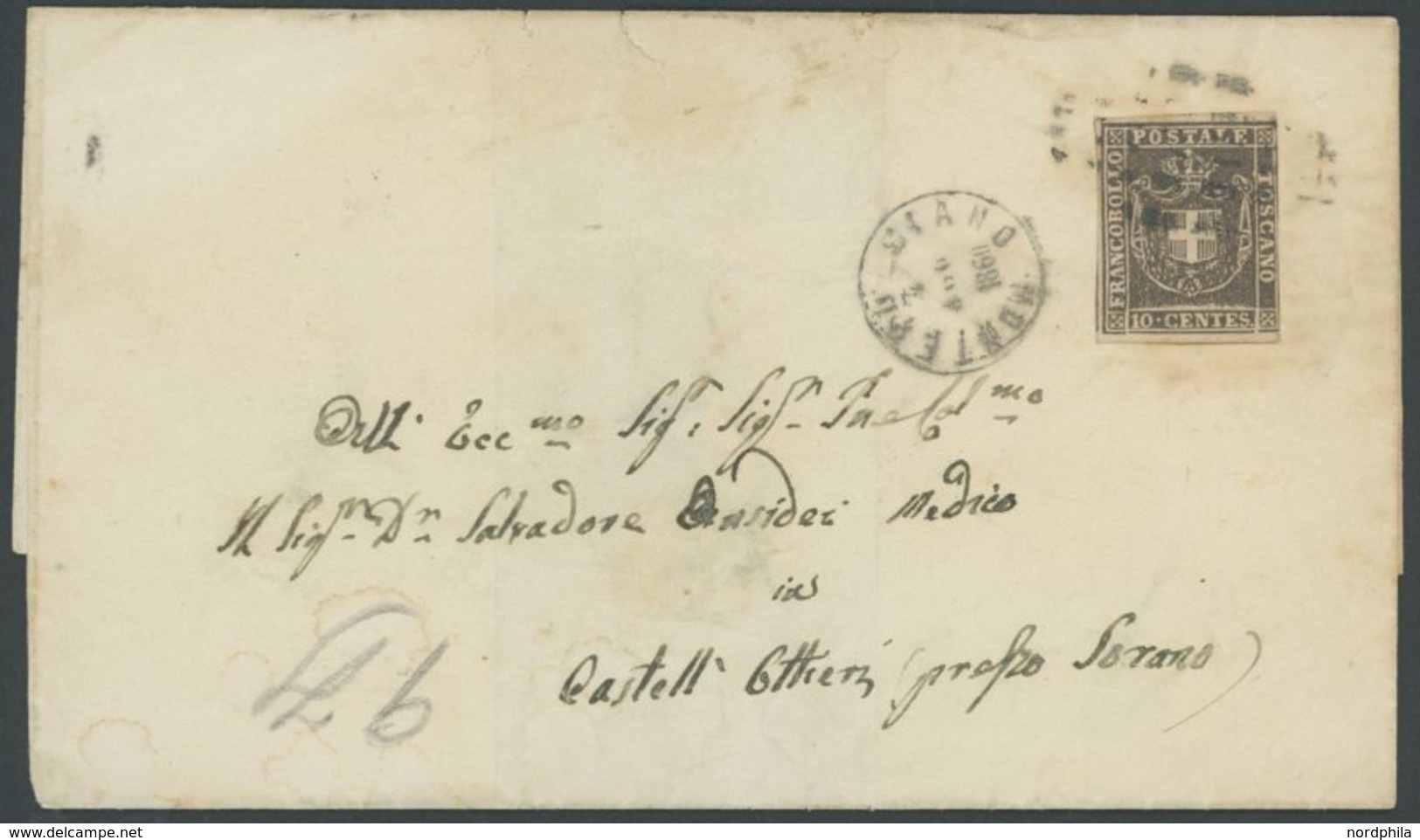TOSCANA 19a BRIEF, 1860, 10 C. Braun Auf Brief Aus MONTEPULCIANO, Etwas Fleckig, Feinst - Tuscany