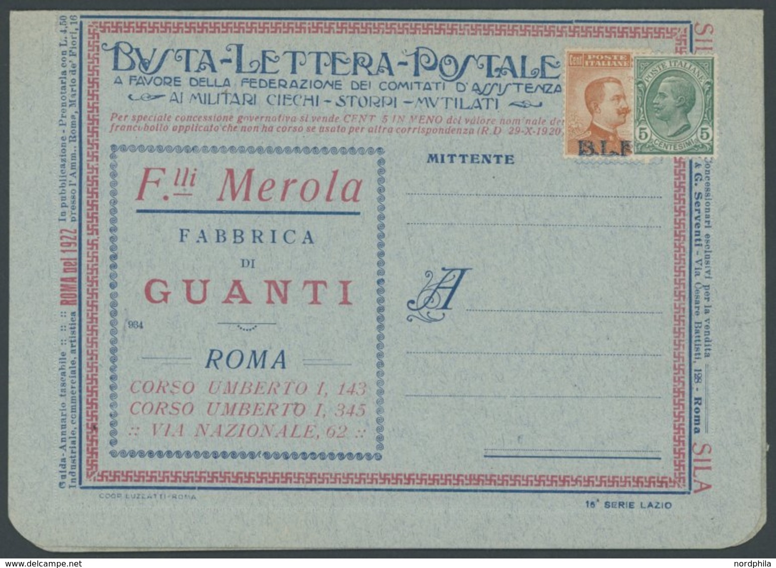 ITALIEN B 129IIa BRIEF, 1922, 20 C. Braunorange, Type II, Mit Blauem Aufdruck B.L.P. Und 5 C. Beifrankatur Auf Ungebrauc - Mint/hinged