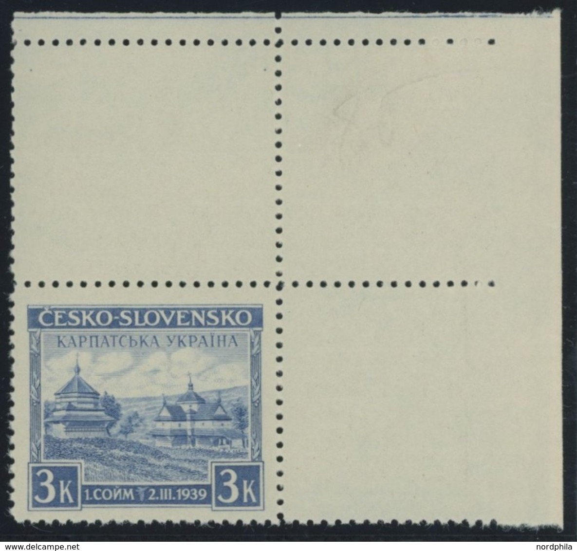 KARPATEN-UKRAINE 1Lf **, 1939, 3 K. Holzkirche, Rechte Obere Bogenecke Mit Leerfeld, Postfrisch, Pracht, Mi. 95.- - Transkarpatië