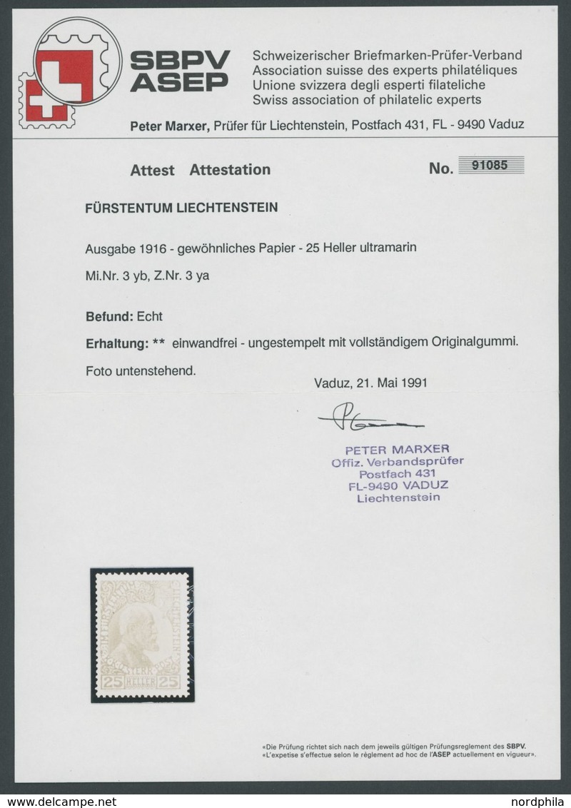 LIECHTENSTEIN 3yb **, 1916, 25 H. Mittelultramarin, Normales Papier, Postfrisch, Pracht, Fotoattest Marxer, Mi. 1800.- - Other & Unclassified