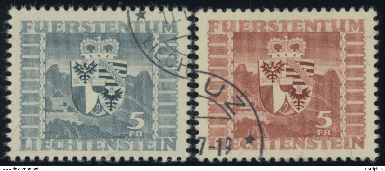 LIECHTENSTEIN 243,252 O, 1945/7, 5 Fr. Wappen, 2 Prachtwerte, Mi. 105.- - Otros & Sin Clasificación