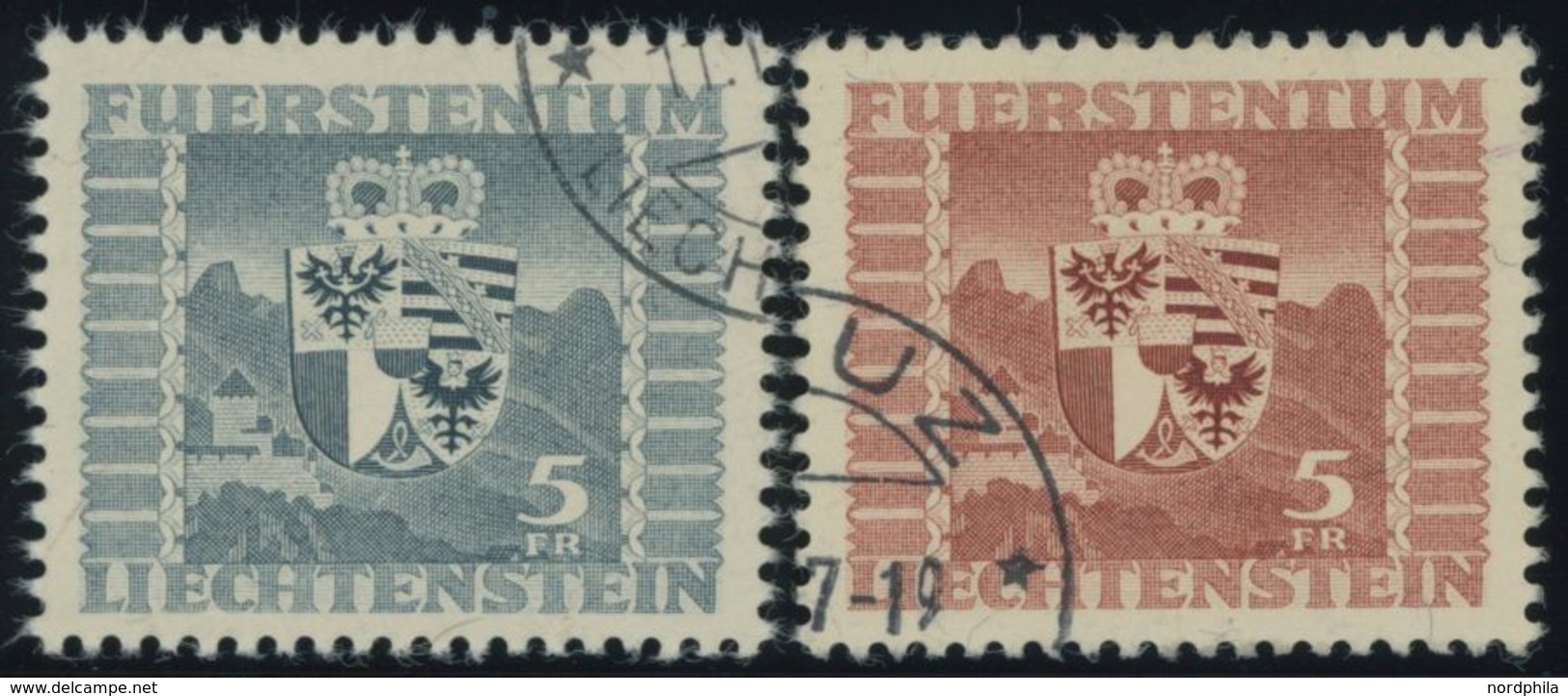 LIECHTENSTEIN 243,252 O, 1945/7, 5 Fr. Wappen, 2 Prachtwerte, Mi. 105.- - Sonstige & Ohne Zuordnung