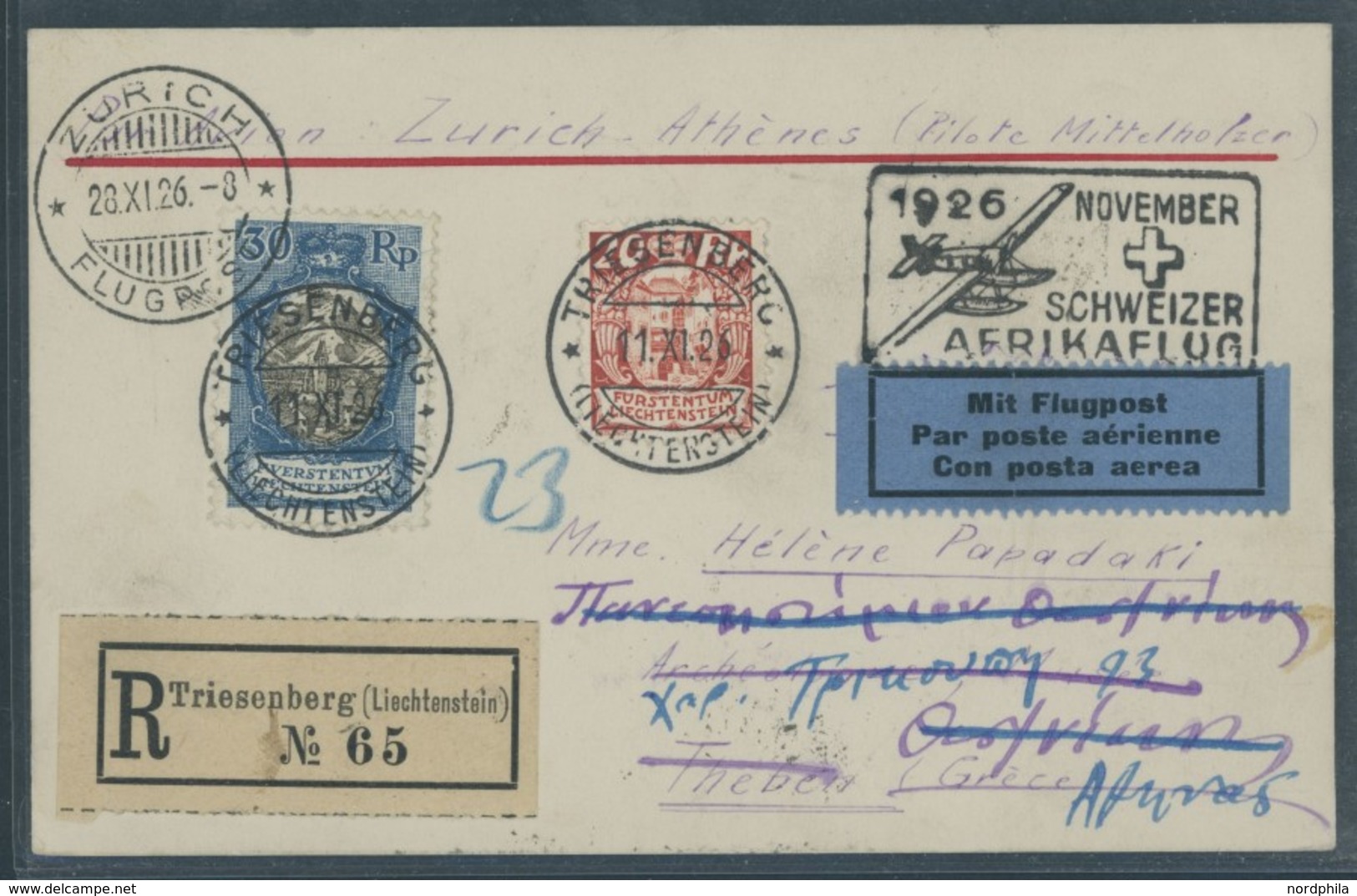 LIECHTENSTEIN 1926, 1. Schweizer Afrikaflug, Zürich - Athen, Einschreibkarte Ab TRIESENBERG, Frankiert Mit Liechtenstein - Otros & Sin Clasificación