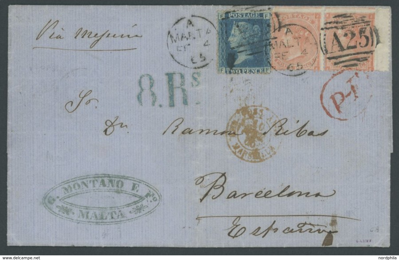 GROSSBRITANNIEN 17I,19II Paar BRIEF, 1865, 2 P. Blau Und Waagerechtes Paar 4 P. Bräunlichrot (üblich Gezähnt) Auf Brief  - Usados