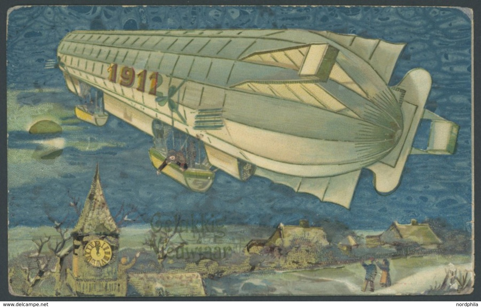 NIEDERLANDE 1912, Farbige Zeppelin-Neujahrskarte (Jahreswechsel 1911/2), Prägedruck, Gebraucht, Pracht - Other & Unclassified