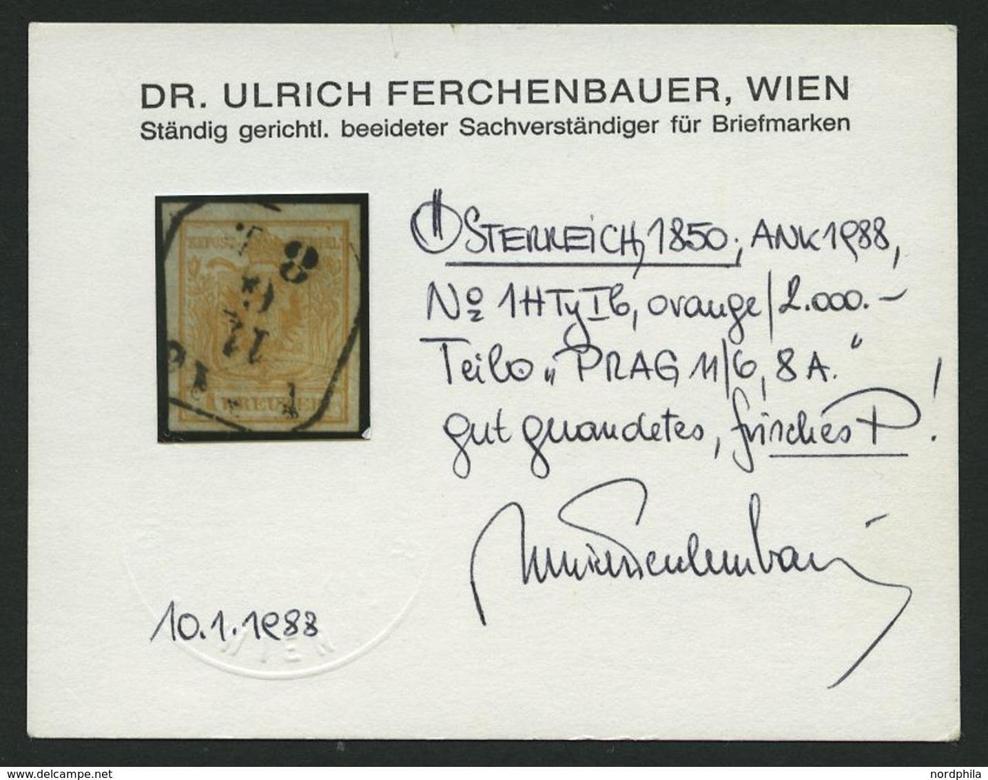 ÖSTERREICH 1Xb O, 1850, 1 Kr. Orange, Handpapier, Type Ib, R4 PRAG, Pracht, Fotobefund Dr. Ferchenbauer - Usados