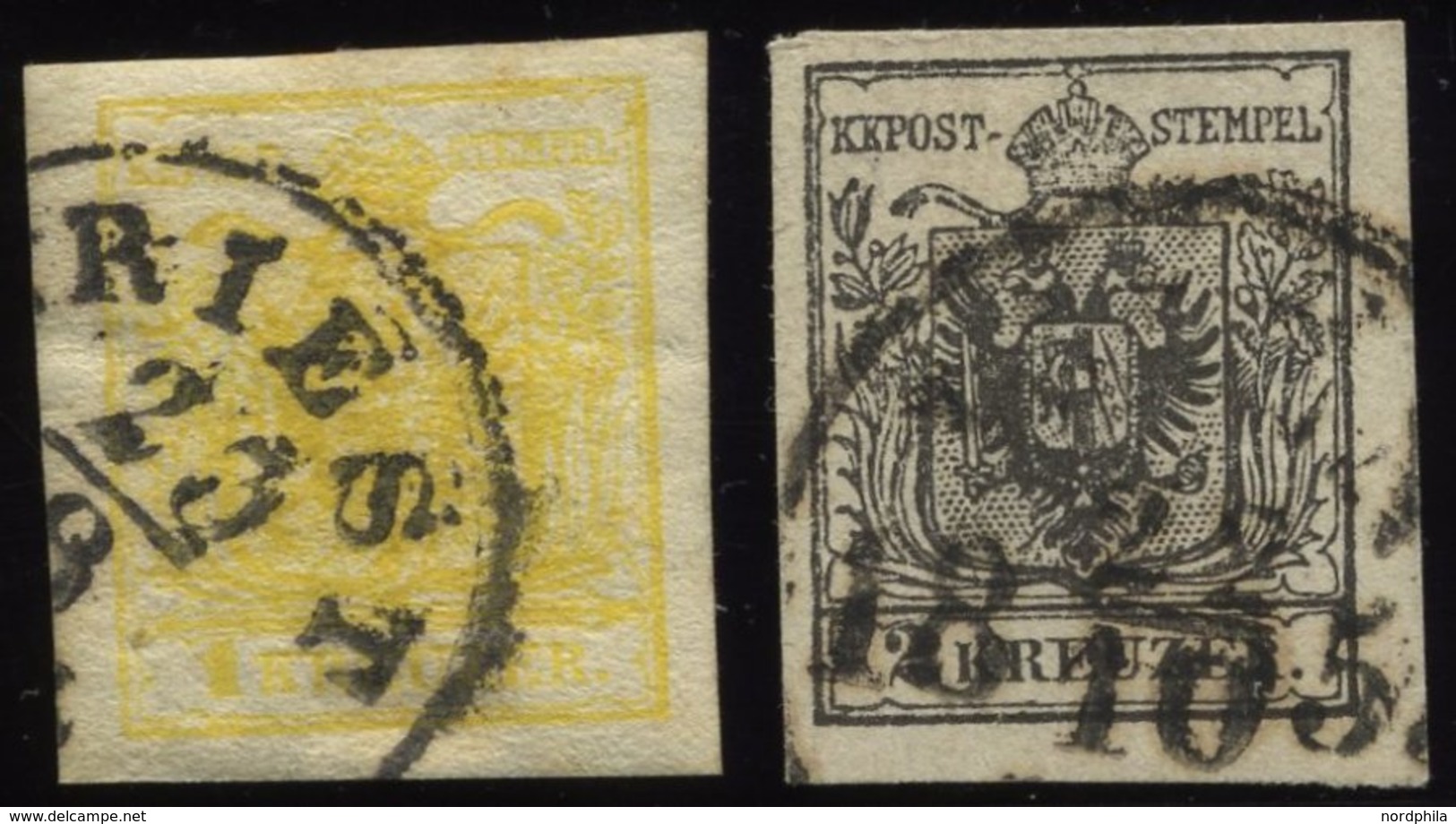 ÖSTERREICH 1,2Ya O, 1854, 1 Kr. Gelb Und 2 Kr. Schwarz, Maschinenpapier, 2 Prachtwerte, Mi. 200.- - Oblitérés