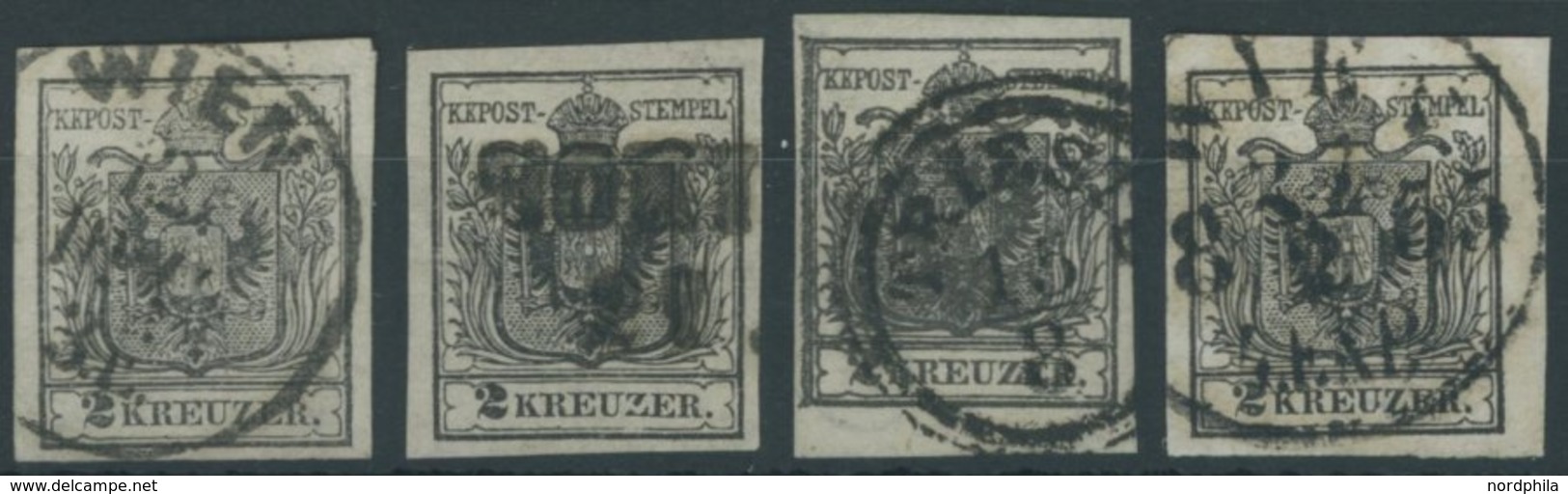 ÖSTERREICH BIS 1867 2Xa O, 1850, 2 Kr. Schwarz, Handpapier, 4 Prachtwerte In Nuancen - Usados