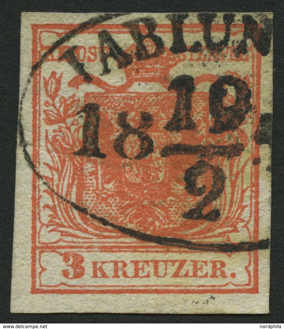 ÖSTERREICH 3X O, 1850, 3 Kr. Rot, Handpapier, Ovalstempel IABLUNKAU, Pracht - Usados